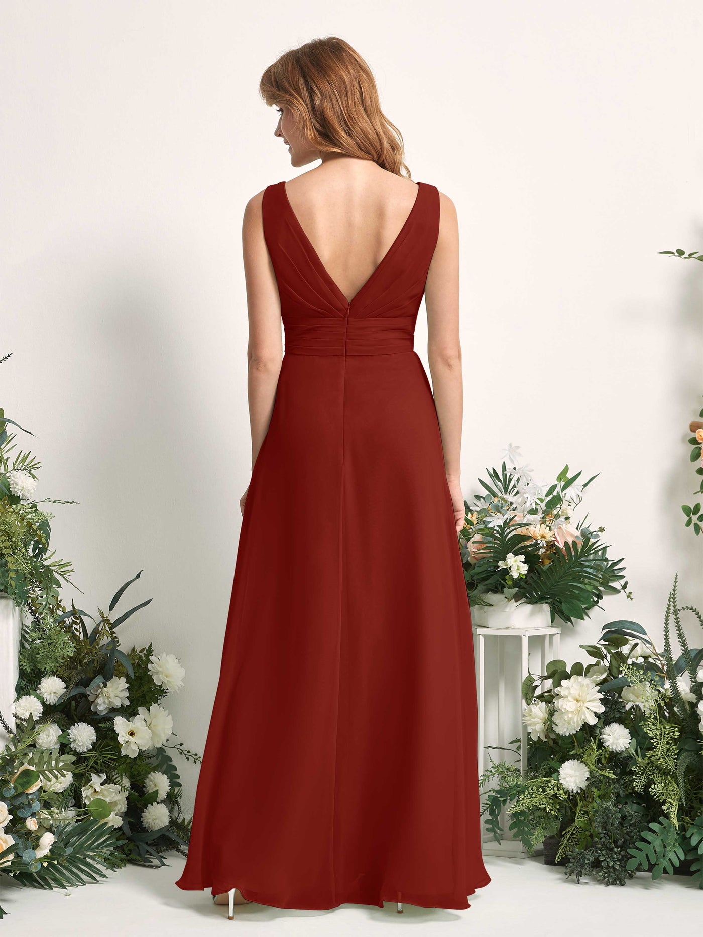 Bridesmaid Dress A-line Chiffon V-neck Full Length Sleeveless Wedding Party Dress - Rust (81227119)#color_rust