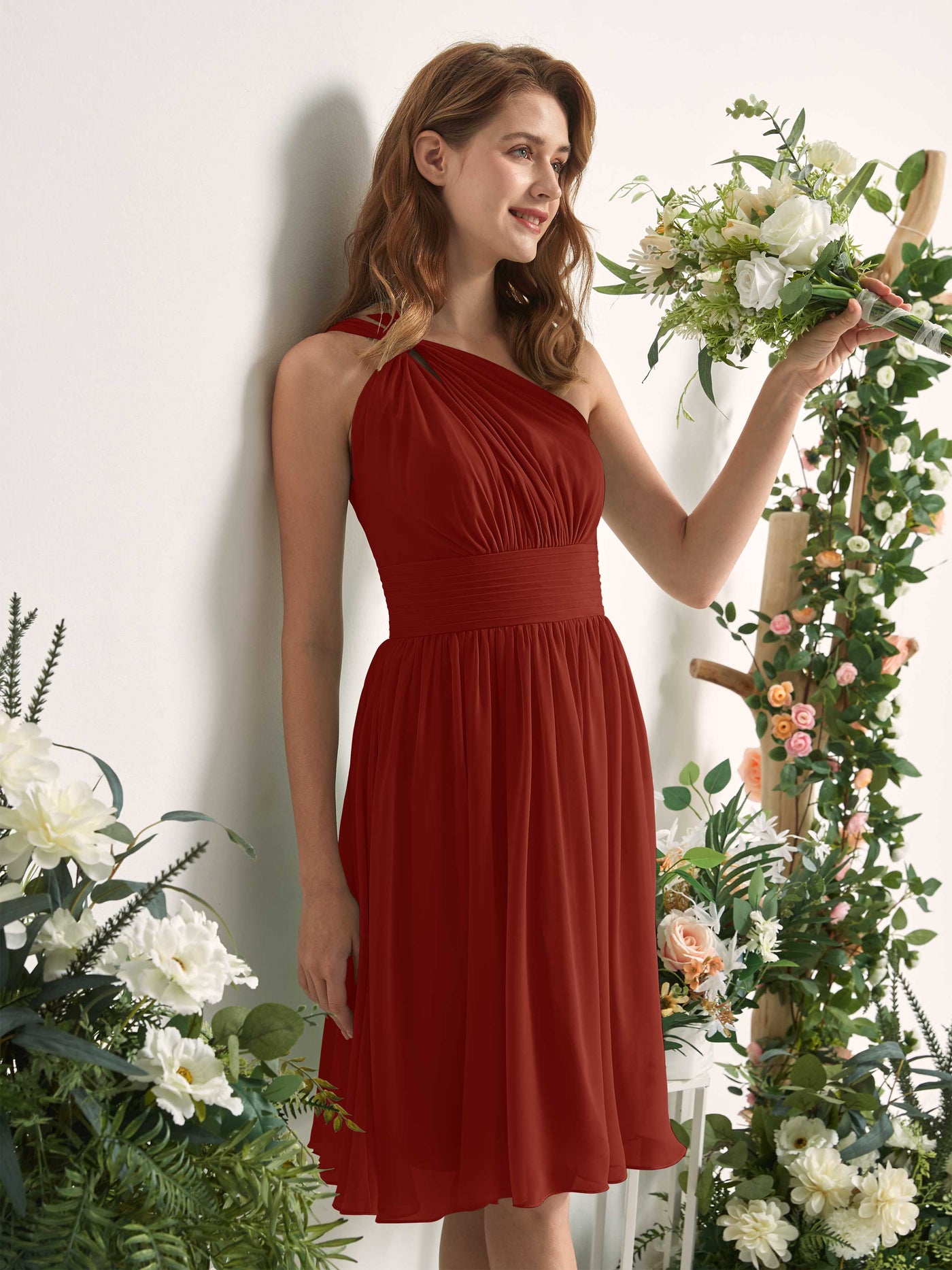 Bridesmaid Dress A-line Chiffon One Shoulder Knee Length Sleeveless Wedding Party Dress - Rust (81221219)#color_rust