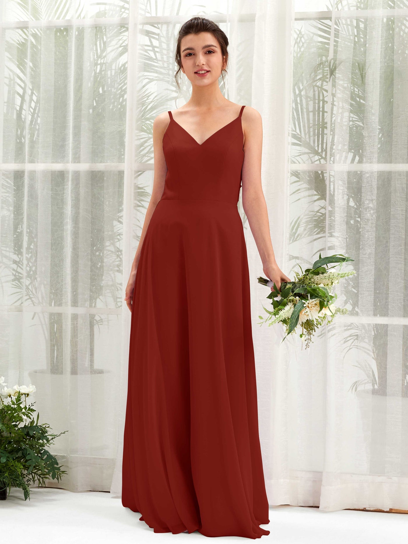 Rust Bridesmaid Dresses Bridesmaid Dress A-line Chiffon Spaghetti-straps Full Length Sleeveless Wedding Party Dress (81220619)#color_rust