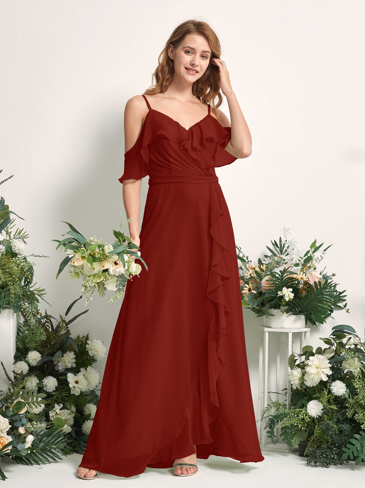 Bridesmaid Dress A-line Chiffon Spaghetti-straps Full Length Sleeveless Wedding Party Dress - Rust (81227419)#color_rust