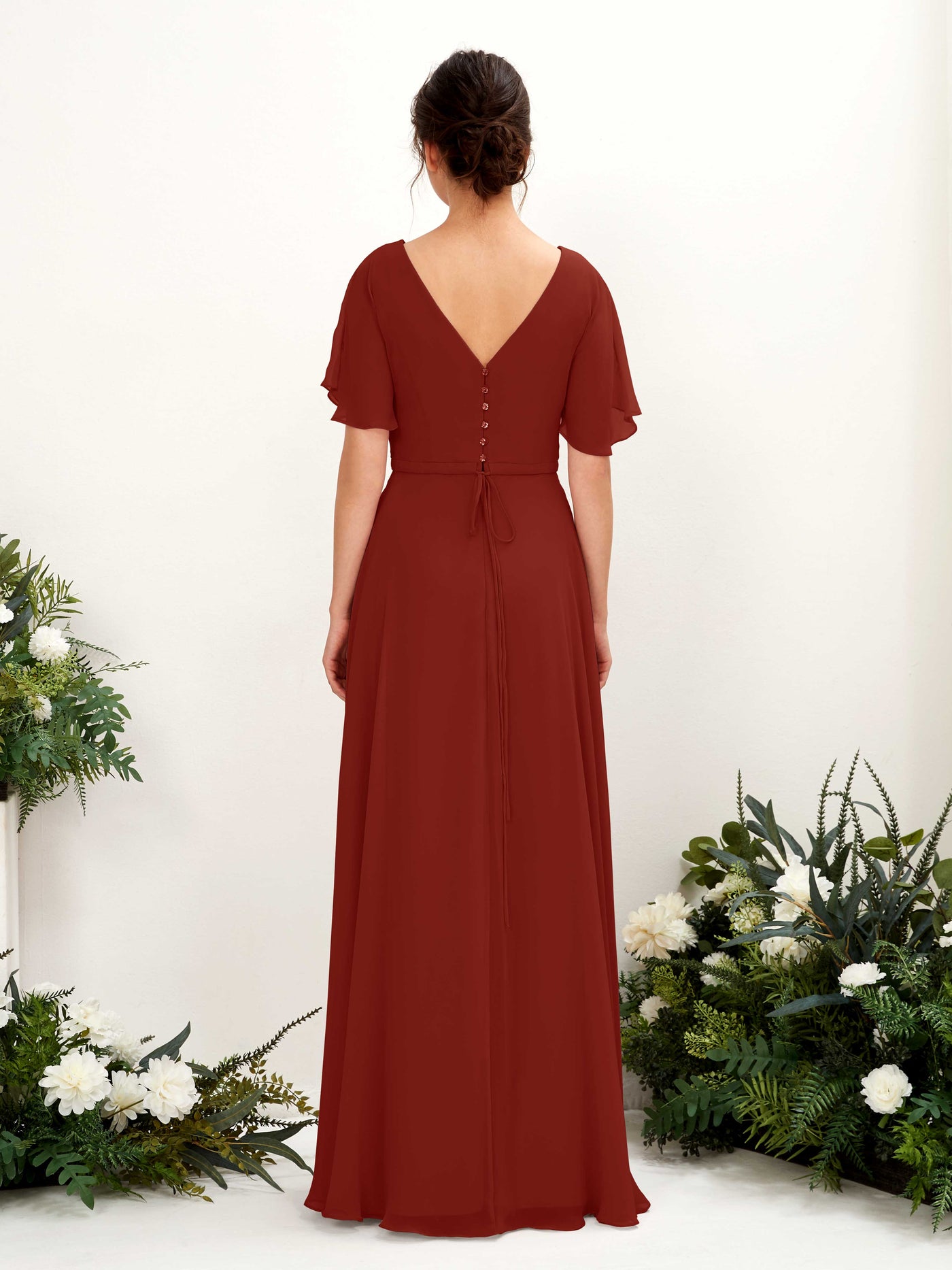 Rust Bridesmaid Dresses Bridesmaid Dress A-line Chiffon V-neck Full Length Short Sleeves Wedding Party Dress (81224619)#color_rust