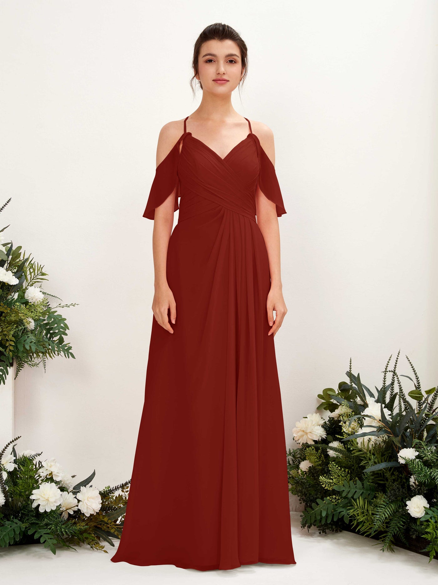 Ball Gown Off Shoulder Spaghetti-straps Chiffon Bridesmaid Dress - Rust (81221719)#color_rust