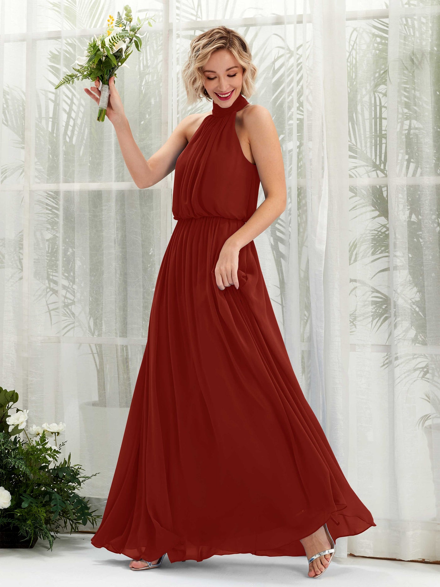 Rust Bridesmaid Dresses Bridesmaid Dress A-line Chiffon Halter Full Length Sleeveless Wedding Party Dress (81222919)#color_rust