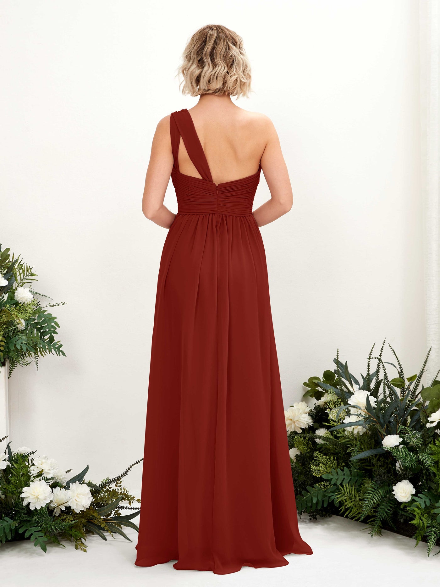 Rust Bridesmaid Dresses Bridesmaid Dress Ball Gown Chiffon One Shoulder Full Length Sleeveless Wedding Party Dress (81225019)#color_rust