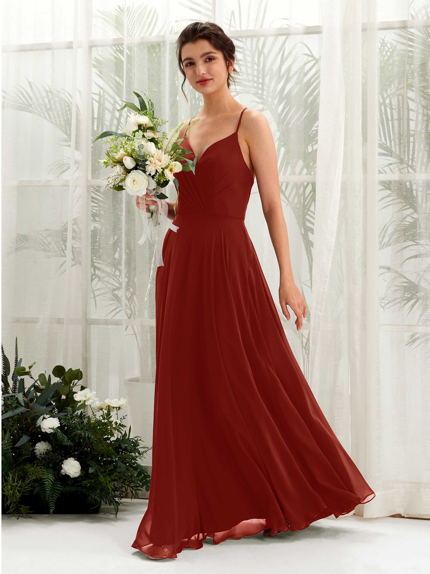Rust Bridesmaid Dresses Bridesmaid Dress Chiffon Spaghetti-straps Full Length Sleeveless Wedding Party Dress (81224219)#color_rust