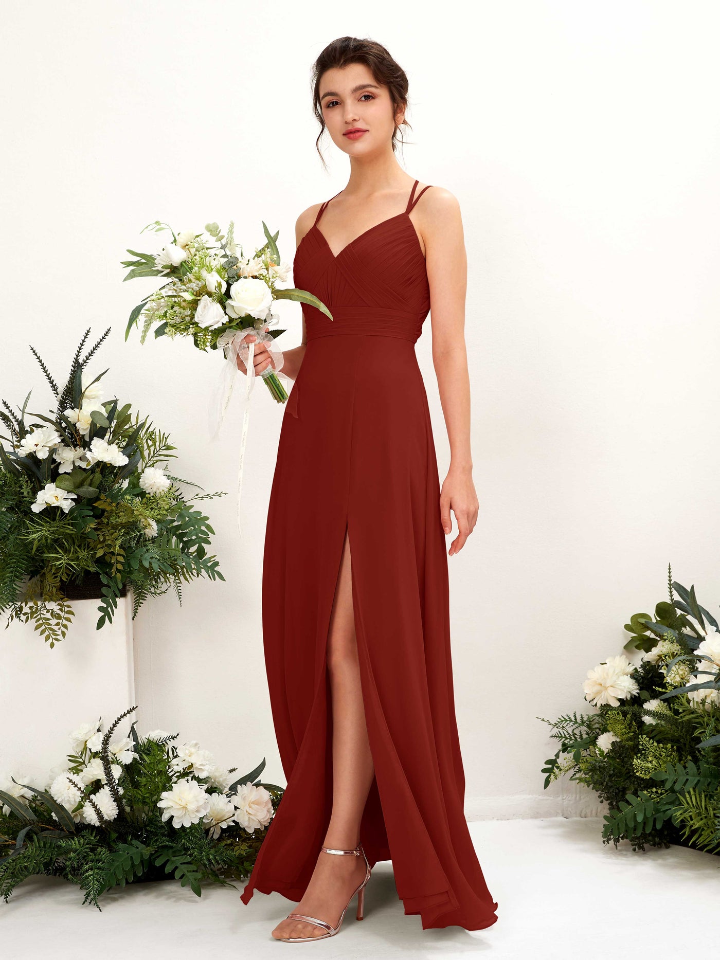 Rust Bridesmaid Dresses Bridesmaid Dress A-line Chiffon Spaghetti-straps Full Length Sleeveless Wedding Party Dress (81225419)#color_rust