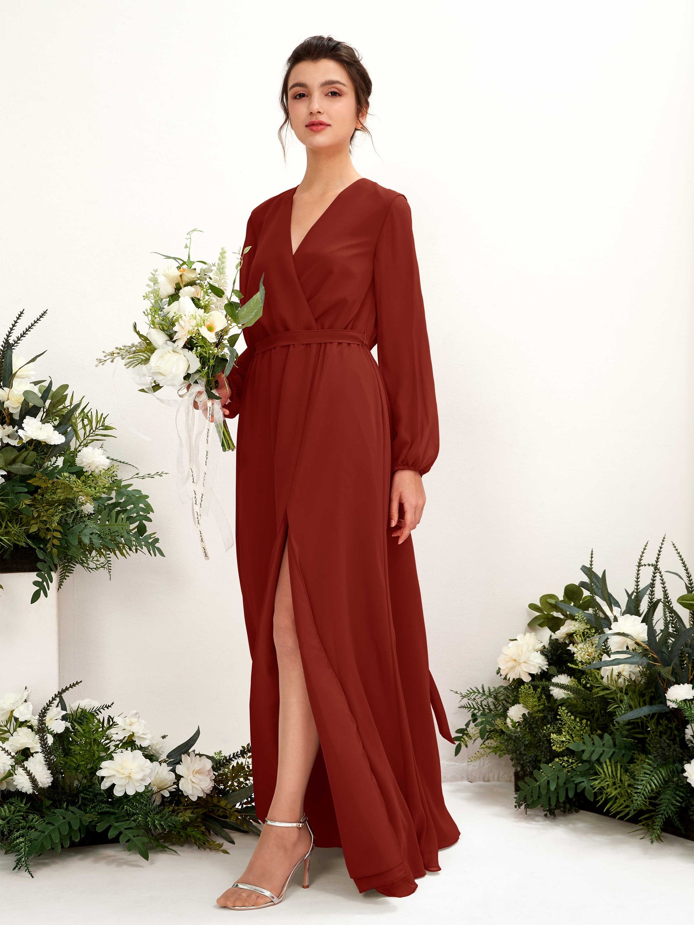 Rust Bridesmaid Dresses Bridesmaid Dress A-line Chiffon V-neck Full Length Long Sleeves Wedding Party Dress (81223219)#color_rust