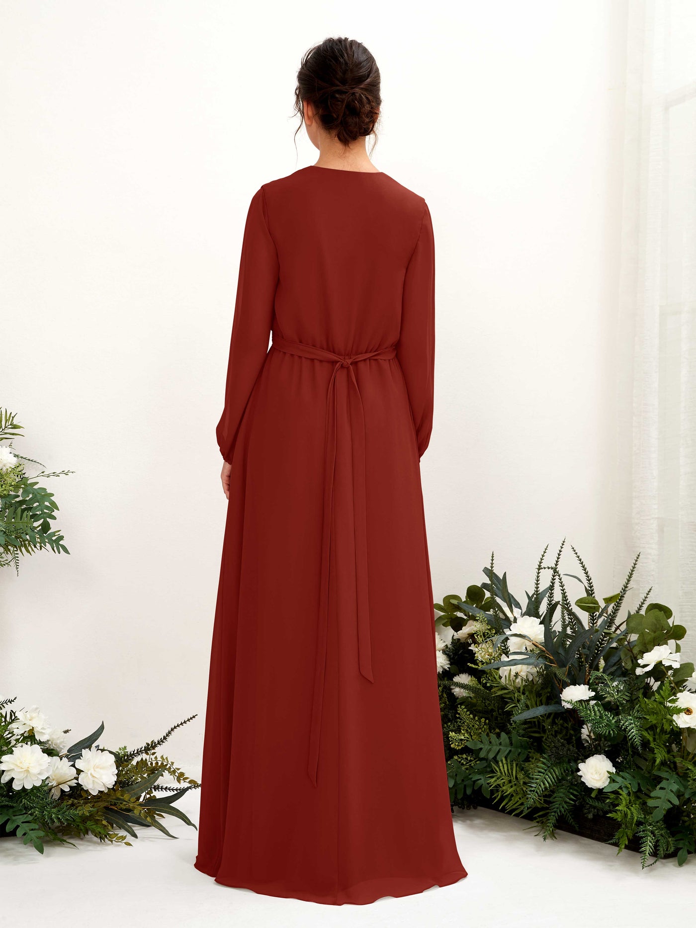 Rust Bridesmaid Dresses Bridesmaid Dress A-line Chiffon V-neck Full Length Long Sleeves Wedding Party Dress (81223219)#color_rust