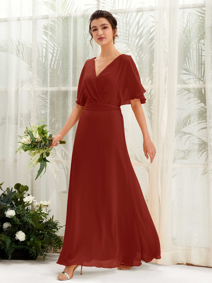 Rust Bridesmaid Dresses Bridesmaid Dress A-line Chiffon V-neck Full Length Short Sleeves Wedding Party Dress (81222419)