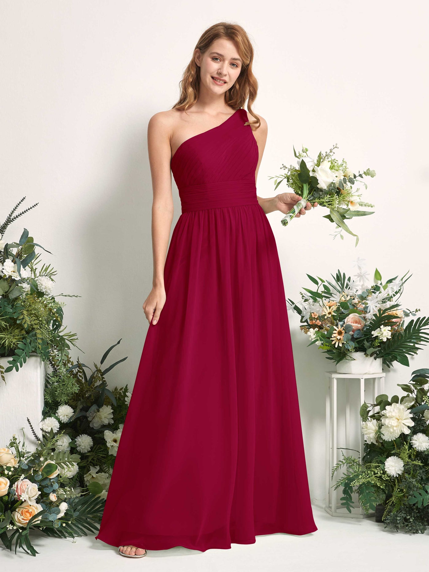 Bridesmaid Dress A-line Chiffon One Shoulder Full Length Sleeveless Wedding Party Dress - Jester Red (81226741)#color_jester-red