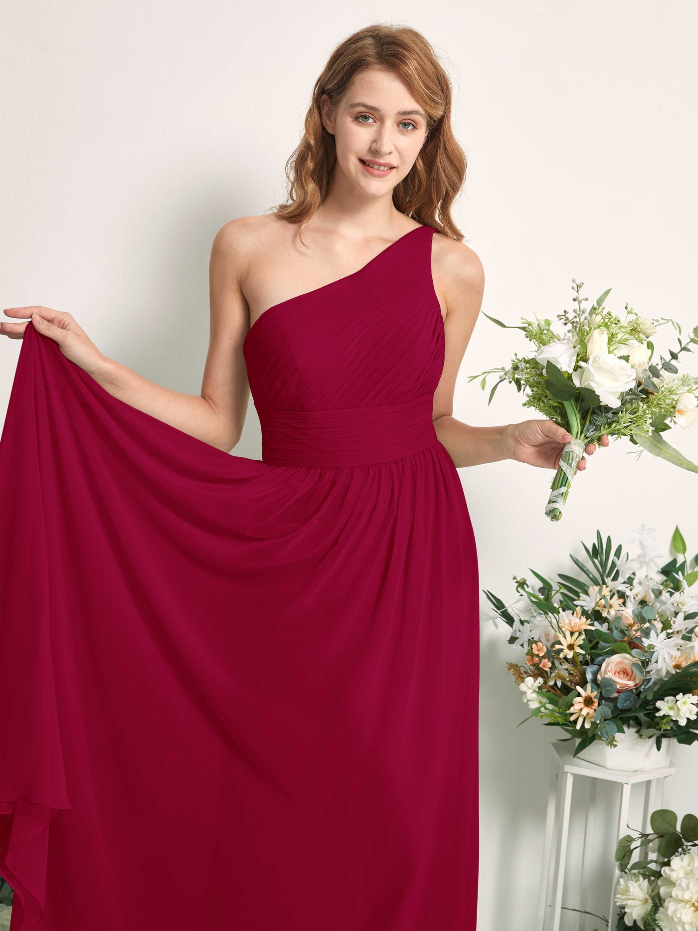 Bridesmaid Dress A-line Chiffon One Shoulder Full Length Sleeveless Wedding Party Dress - Jester Red (81226741)#color_jester-red