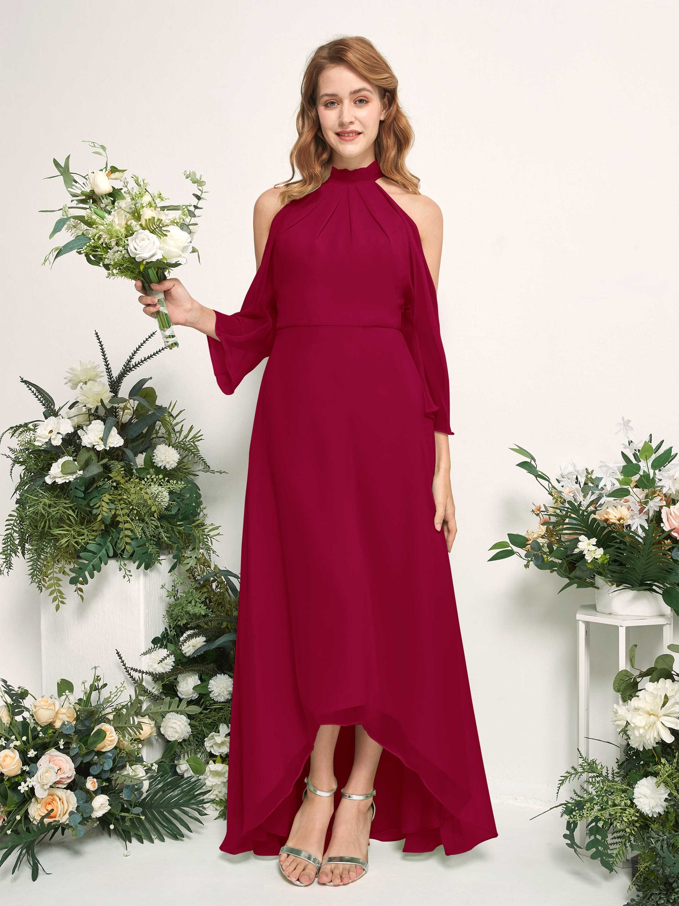 Bridesmaid Dress A-line Chiffon Halter High Low 3/4 Sleeves Wedding Party Dress - Jester Red (81227641)#color_jester-red