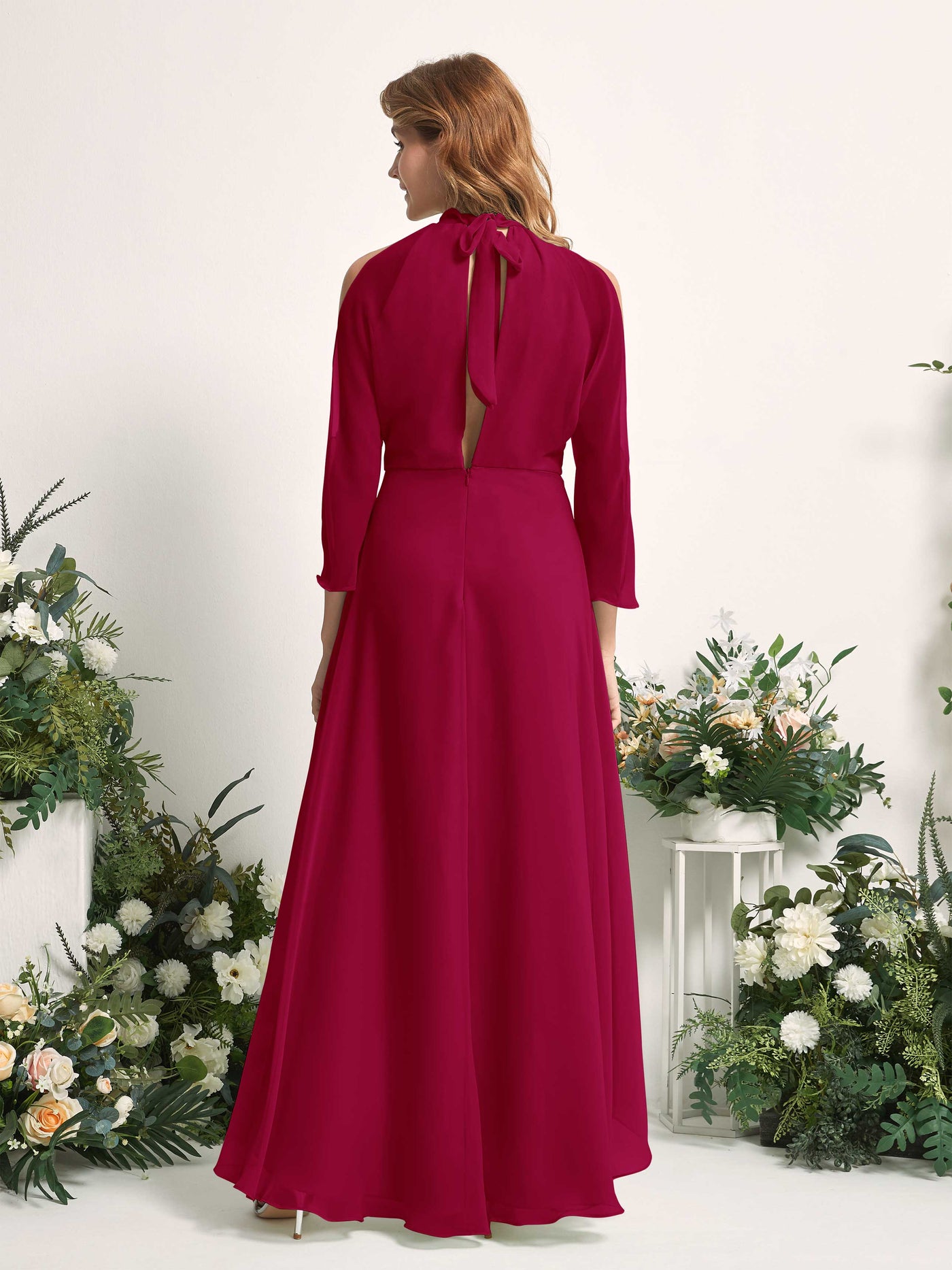 Bridesmaid Dress A-line Chiffon Halter High Low 3/4 Sleeves Wedding Party Dress - Jester Red (81227641)#color_jester-red