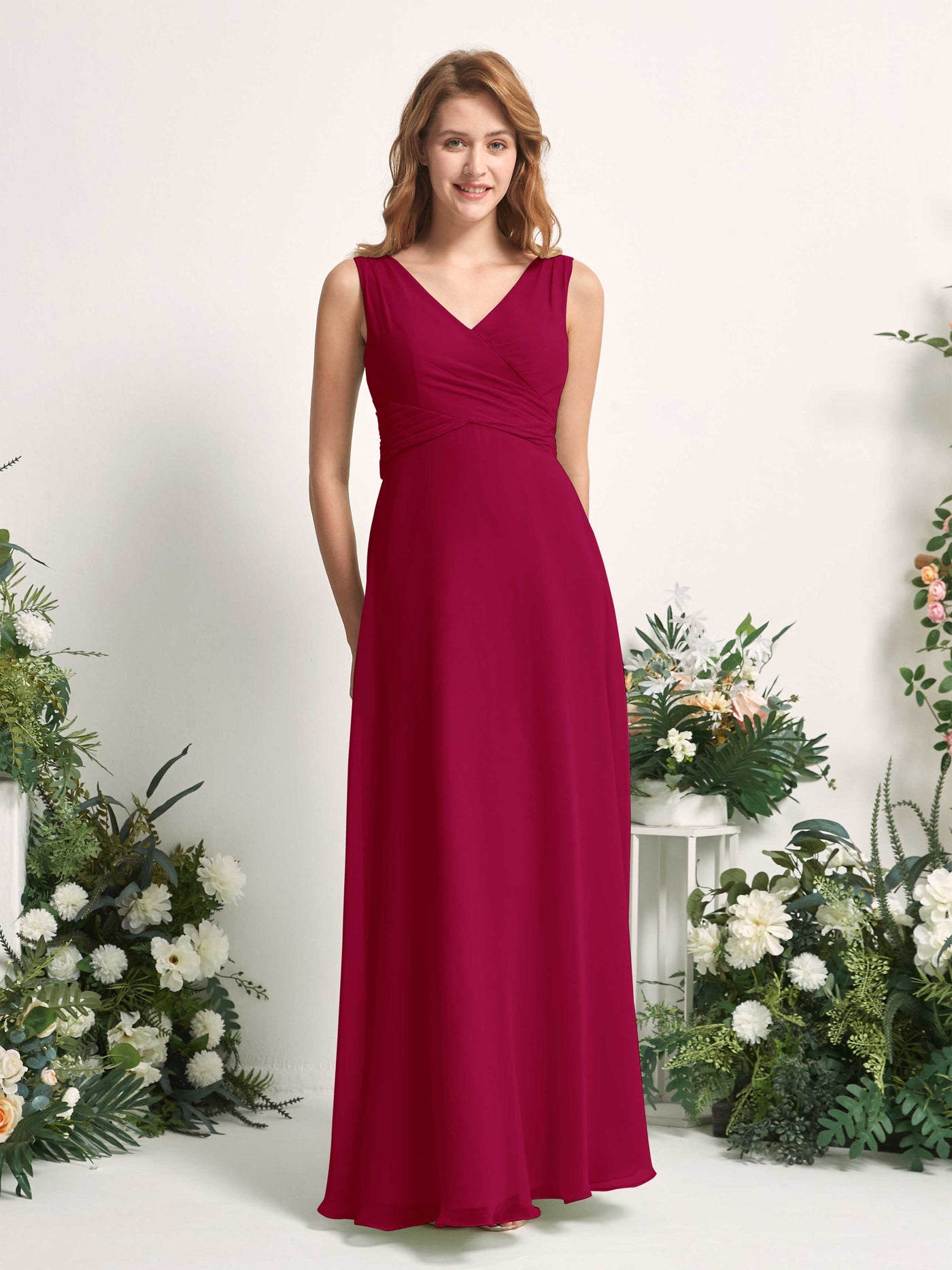 Bridesmaid Dress A-line Chiffon Straps Full Length Sleeveless Wedding Party Dress - Jester Red (81227341)#color_jester-red