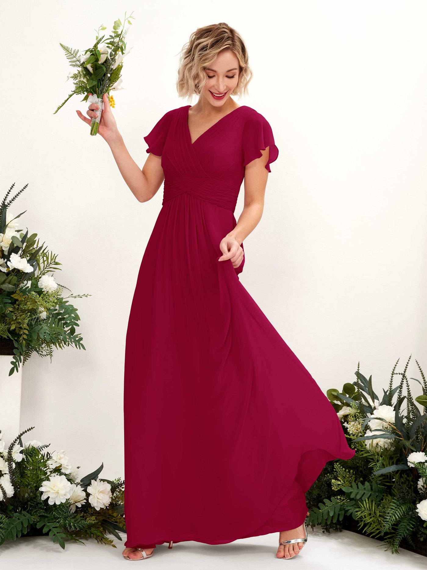 Jester Red Bridesmaid Dresses Bridesmaid Dress A-line Chiffon V-neck Full Length Short Sleeves Wedding Party Dress (81224341)#color_jester-red