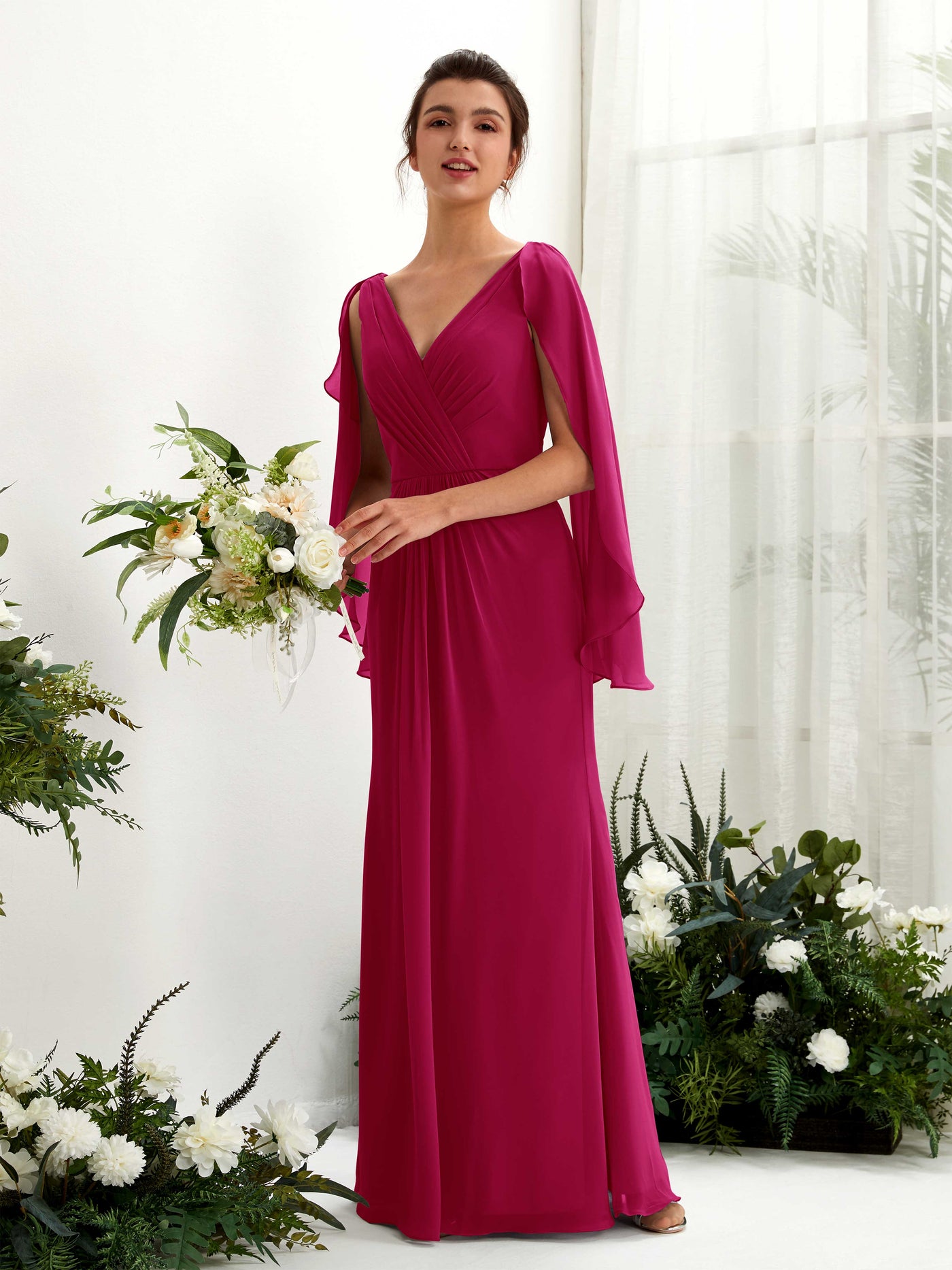 Jester Red Bridesmaid Dresses Bridesmaid Dress A-line Chiffon Straps Full Length Long Sleeves Wedding Party Dress (80220141)#color_jester-red