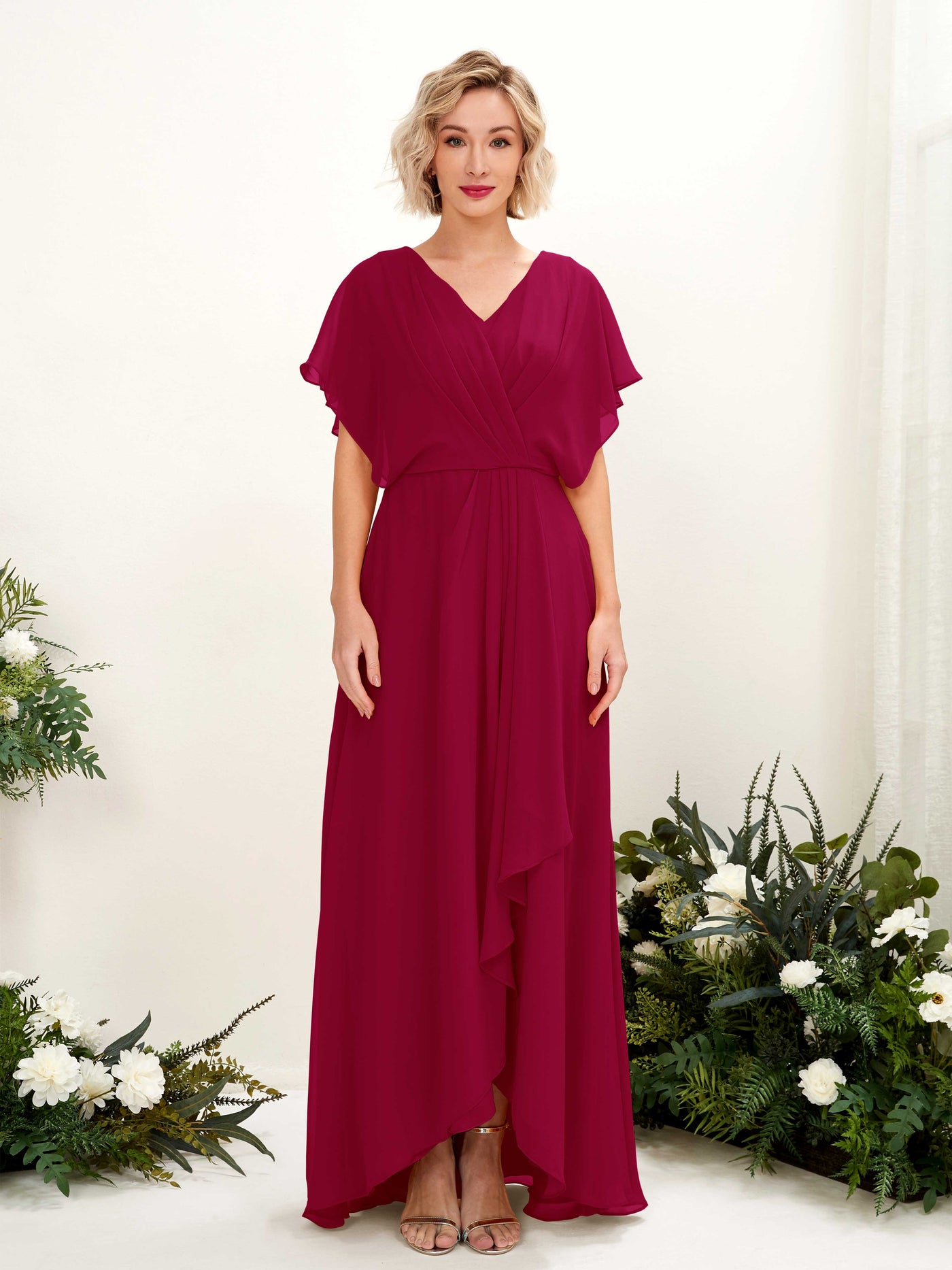 Jester Red Bridesmaid Dresses Bridesmaid Dress A-line Chiffon V-neck Full Length Short Sleeves Wedding Party Dress (81222141)#color_jester-red