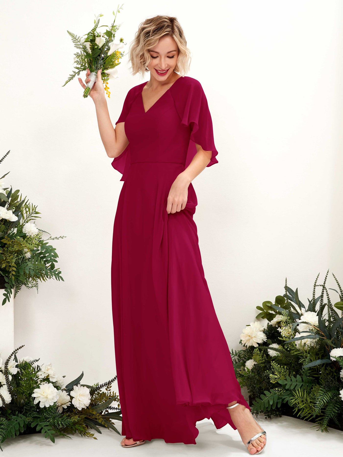 Jester Red Bridesmaid Dresses Bridesmaid Dress A-line Chiffon V-neck Full Length Short Sleeves Wedding Party Dress (81224441)#color_jester-red