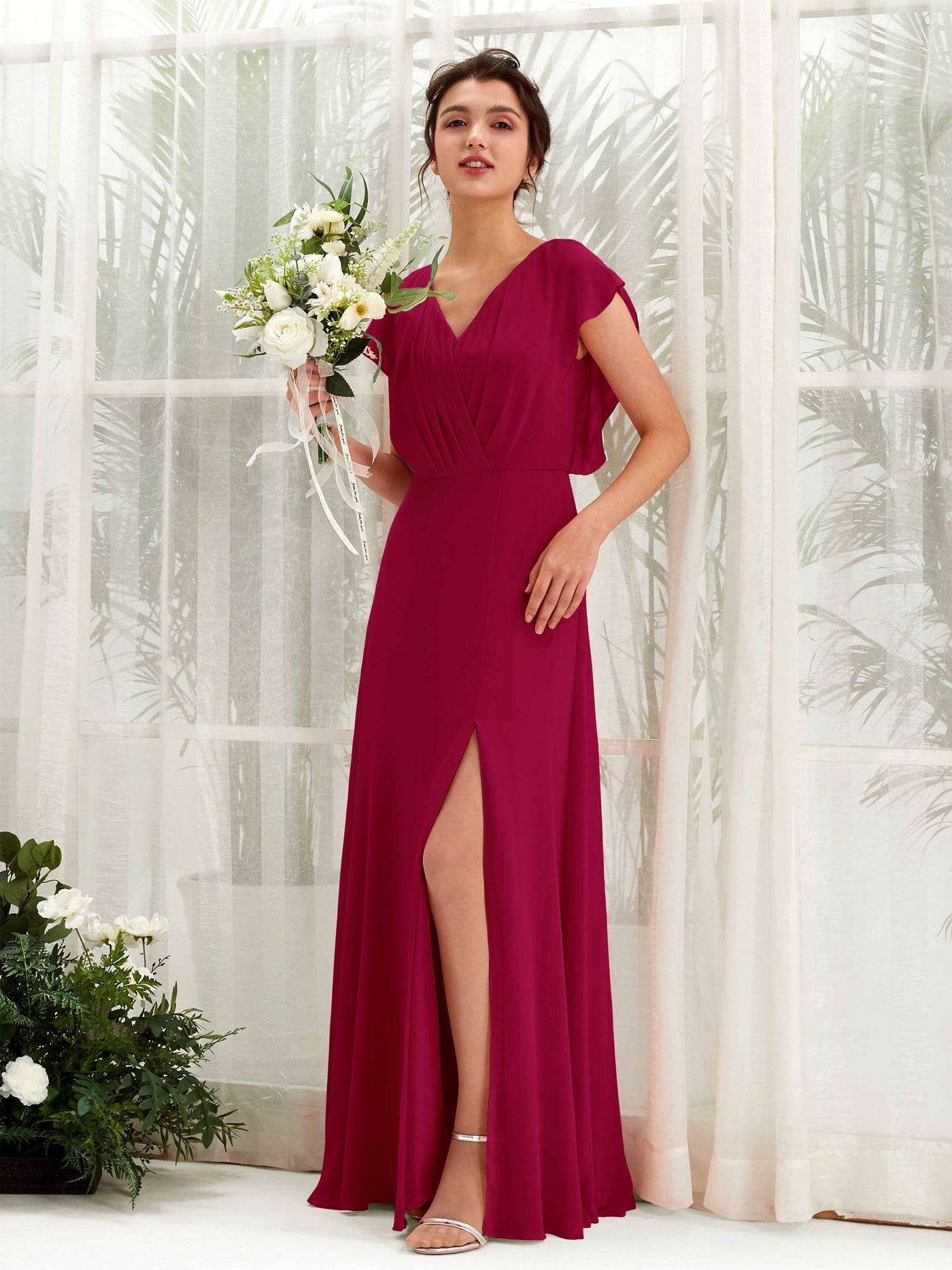 Jester Red Bridesmaid Dresses Bridesmaid Dress A-line Chiffon V-neck Full Length Short Sleeves Wedding Party Dress (81225641)#color_jester-red