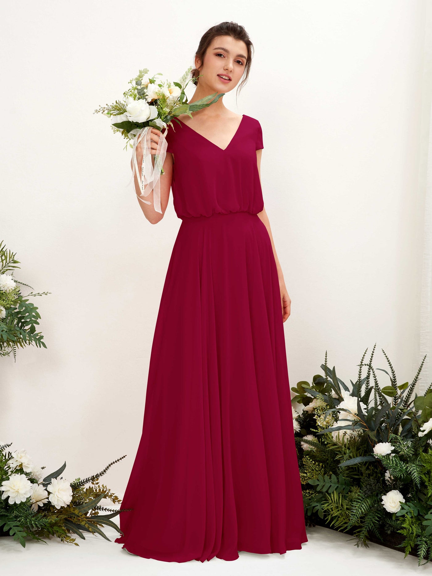 Jester Red Bridesmaid Dresses Bridesmaid Dress A-line Chiffon V-neck Full Length Short Sleeves Wedding Party Dress (81221841)#color_jester-red