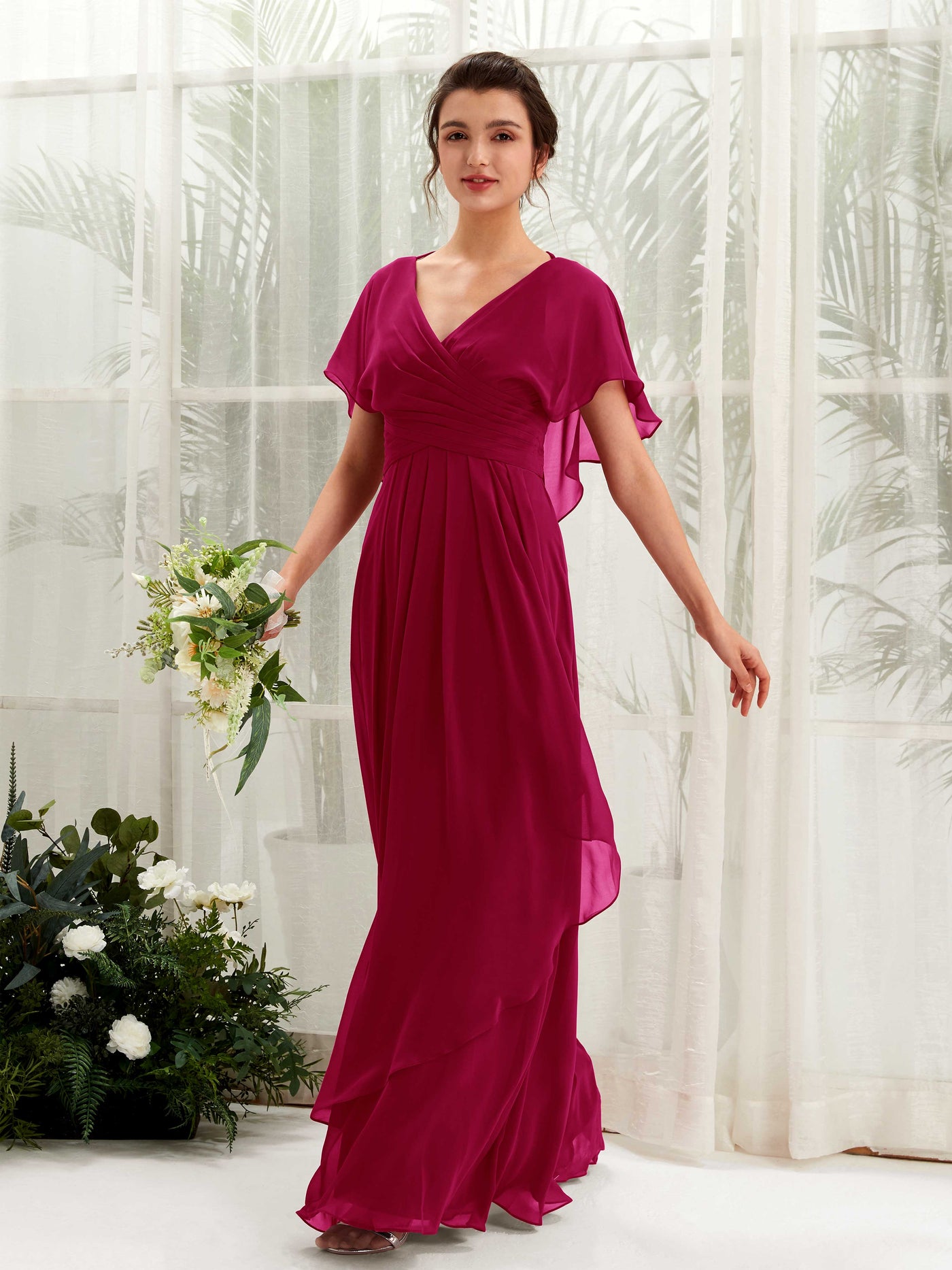 Open back V-neck Short Sleeves Chiffon Bridesmaid Dress - Jester Red (81226141)#color_jester-red