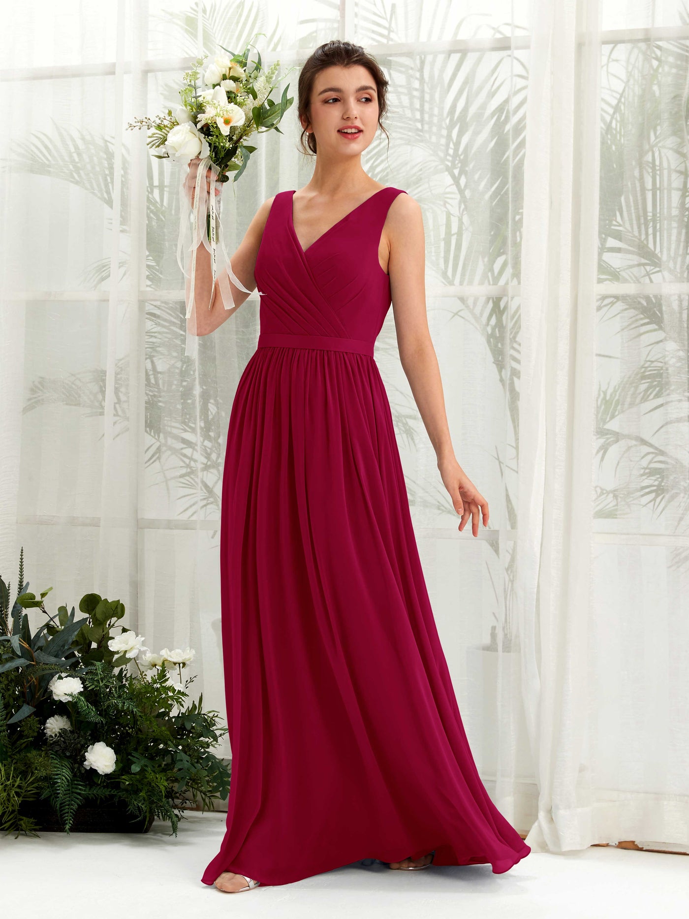 Jester Red Bridesmaid Dresses Bridesmaid Dress A-line Chiffon V-neck Full Length Sleeveless Wedding Party Dress (81223641)#color_jester-red