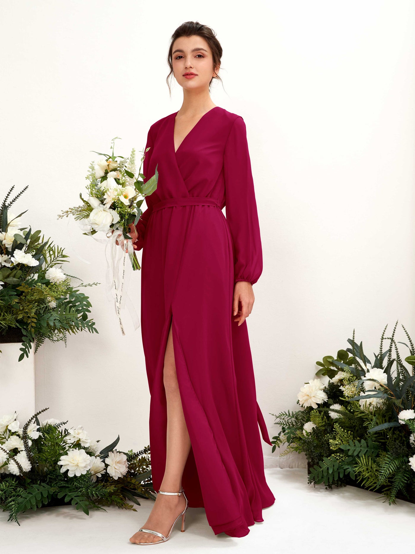 Jester Red Bridesmaid Dresses Bridesmaid Dress A-line Chiffon V-neck Full Length Long Sleeves Wedding Party Dress (81223241)#color_jester-red