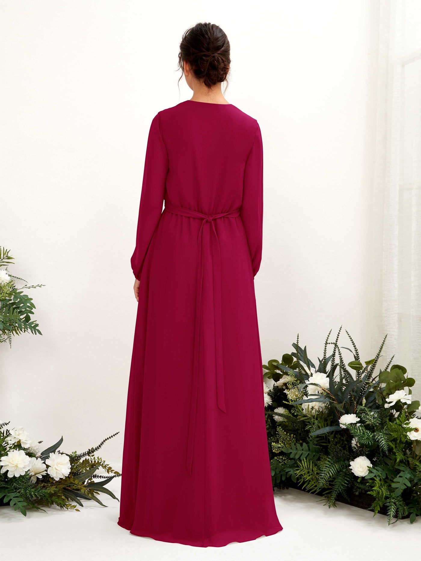 Jester Red Bridesmaid Dresses Bridesmaid Dress A-line Chiffon V-neck Full Length Long Sleeves Wedding Party Dress (81223241)#color_jester-red