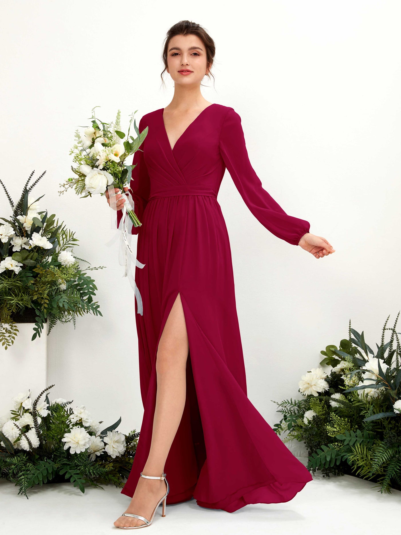 Jester Red Bridesmaid Dresses Bridesmaid Dress A-line Chiffon V-neck Full Length Long Sleeves Wedding Party Dress (81223841)#color_jester-red