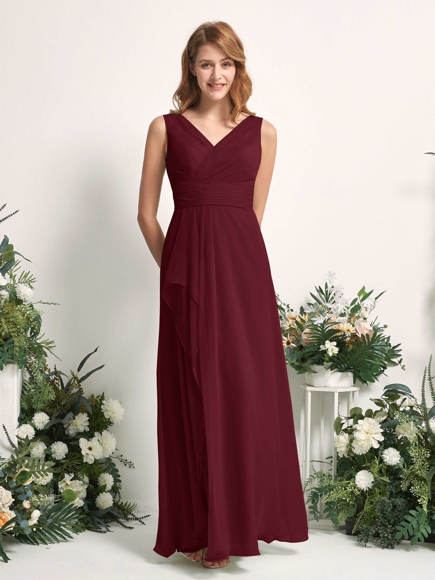 Bridesmaid Dress A-line Chiffon V-neck Full Length Sleeveless Wedding Party Dress - Burgundy (81227112)#color_burgundy