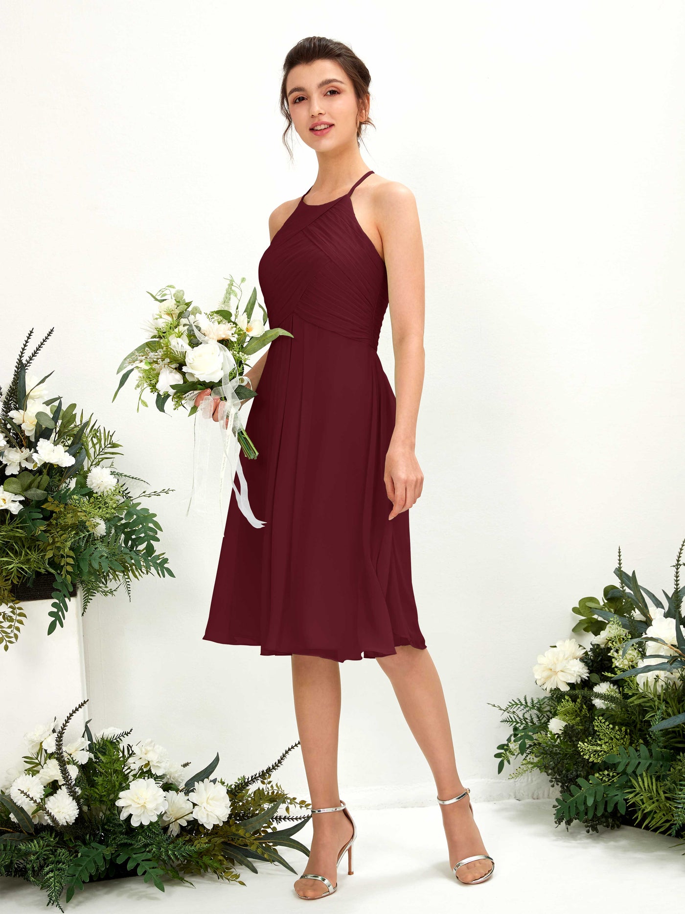 Burgundy Bridesmaid Dresses Bridesmaid Dress A-line Chiffon Halter Knee Length Sleeveless Wedding Party Dress (81220412)#color_burgundy