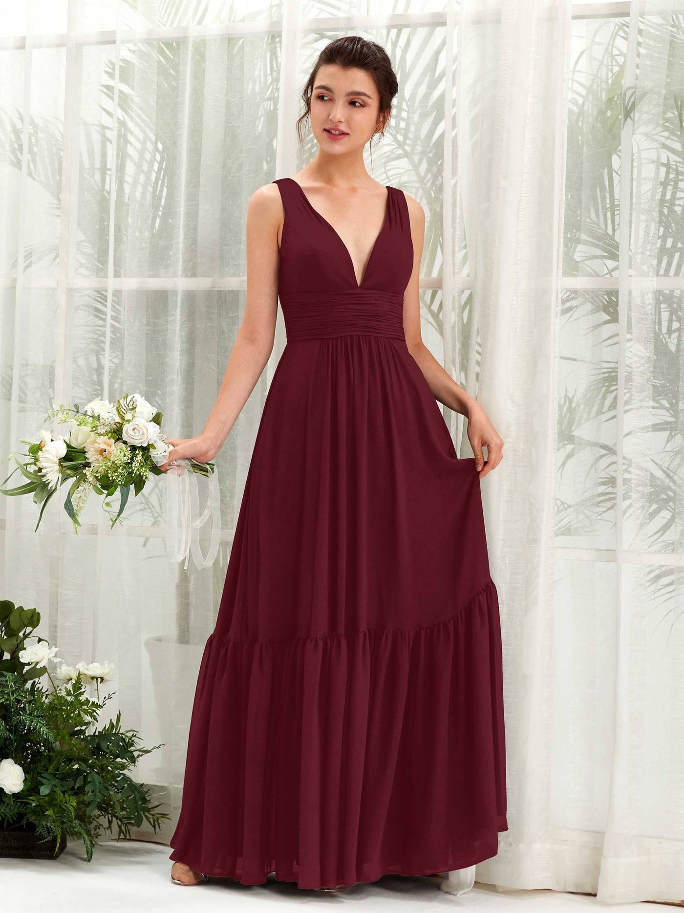 Burgundy Bridesmaid Dresses Bridesmaid Dress A-line Chiffon Straps Full Length Sleeveless Wedding Party Dress (80223712)#color_burgundy