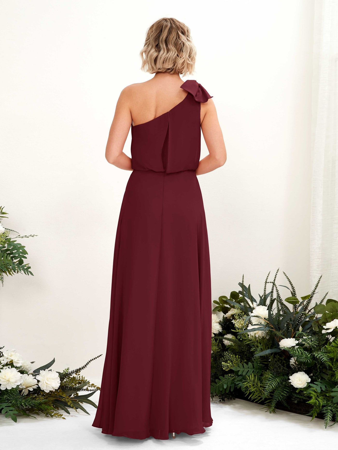 Burgundy Bridesmaid Dresses Bridesmaid Dress A-line Chiffon One Shoulder Full Length Sleeveless Wedding Party Dress (81225512)#color_burgundy