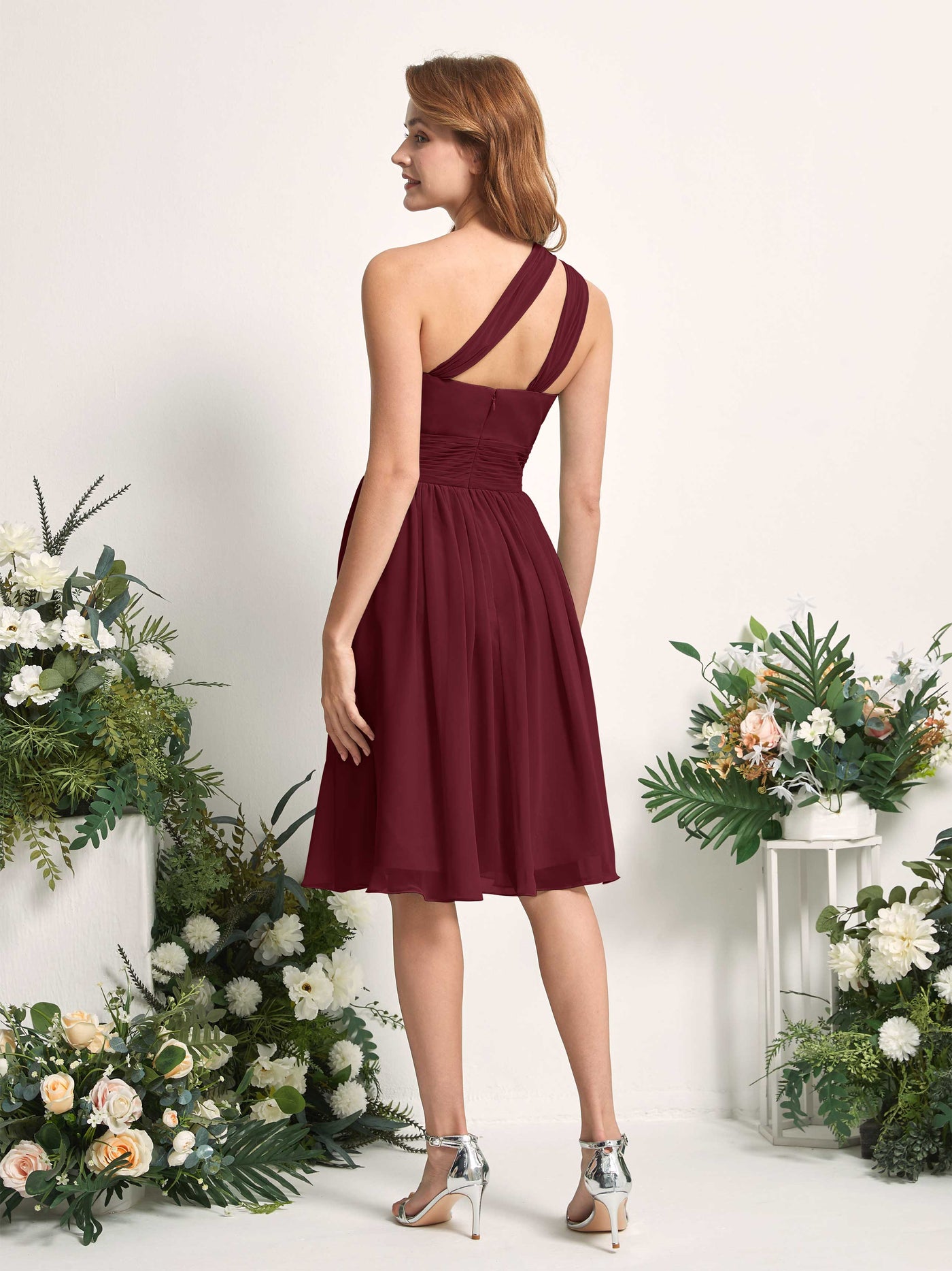 Bridesmaid Dress A-line Chiffon One Shoulder Knee Length Sleeveless Wedding Party Dress - Burgundy (81221212)#color_burgundy