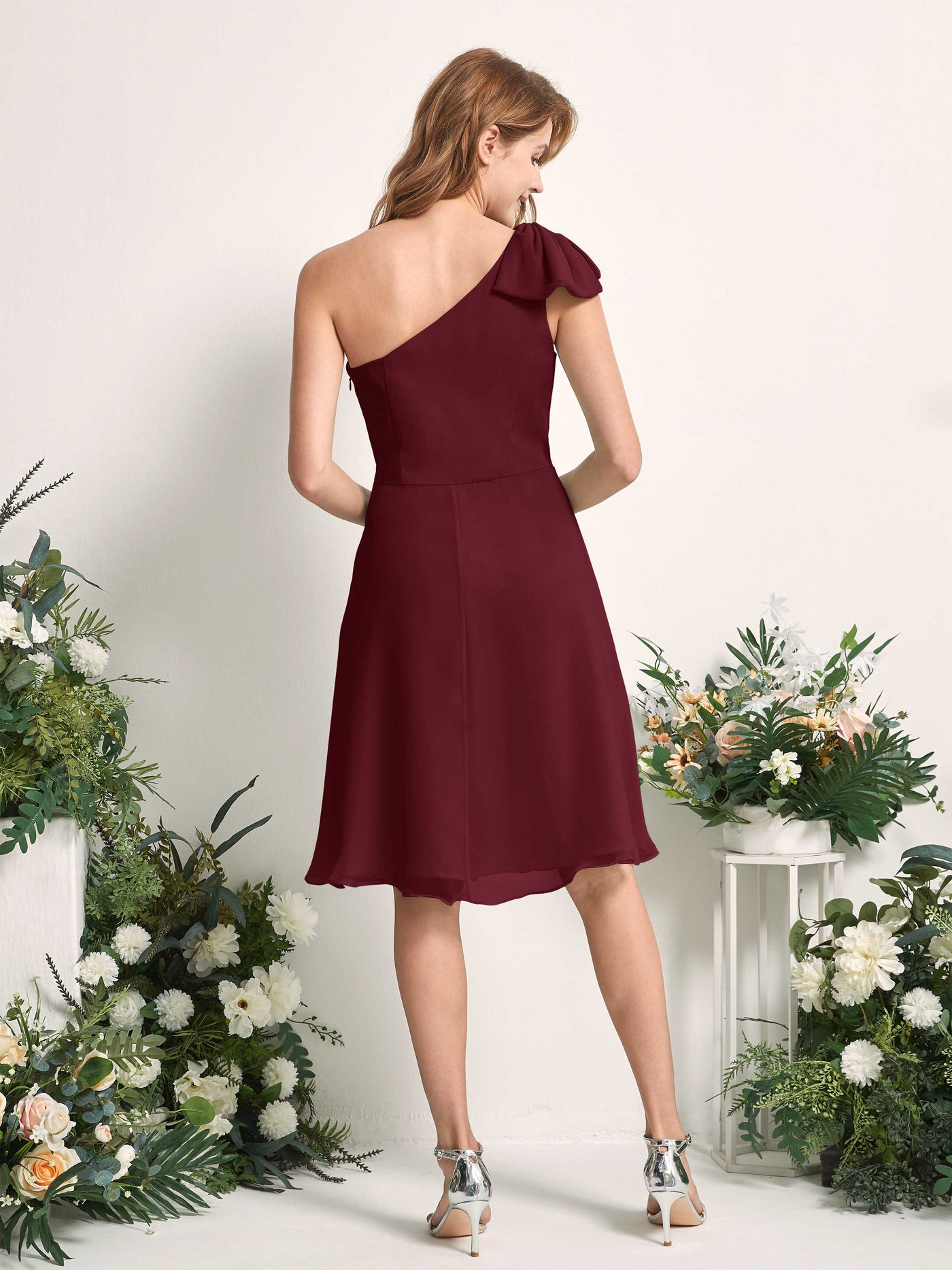 Bridesmaid Dress A-line Chiffon One Shoulder Knee Length Sleeveless Wedding Party Dress - Burgundy (81227012)#color_burgundy
