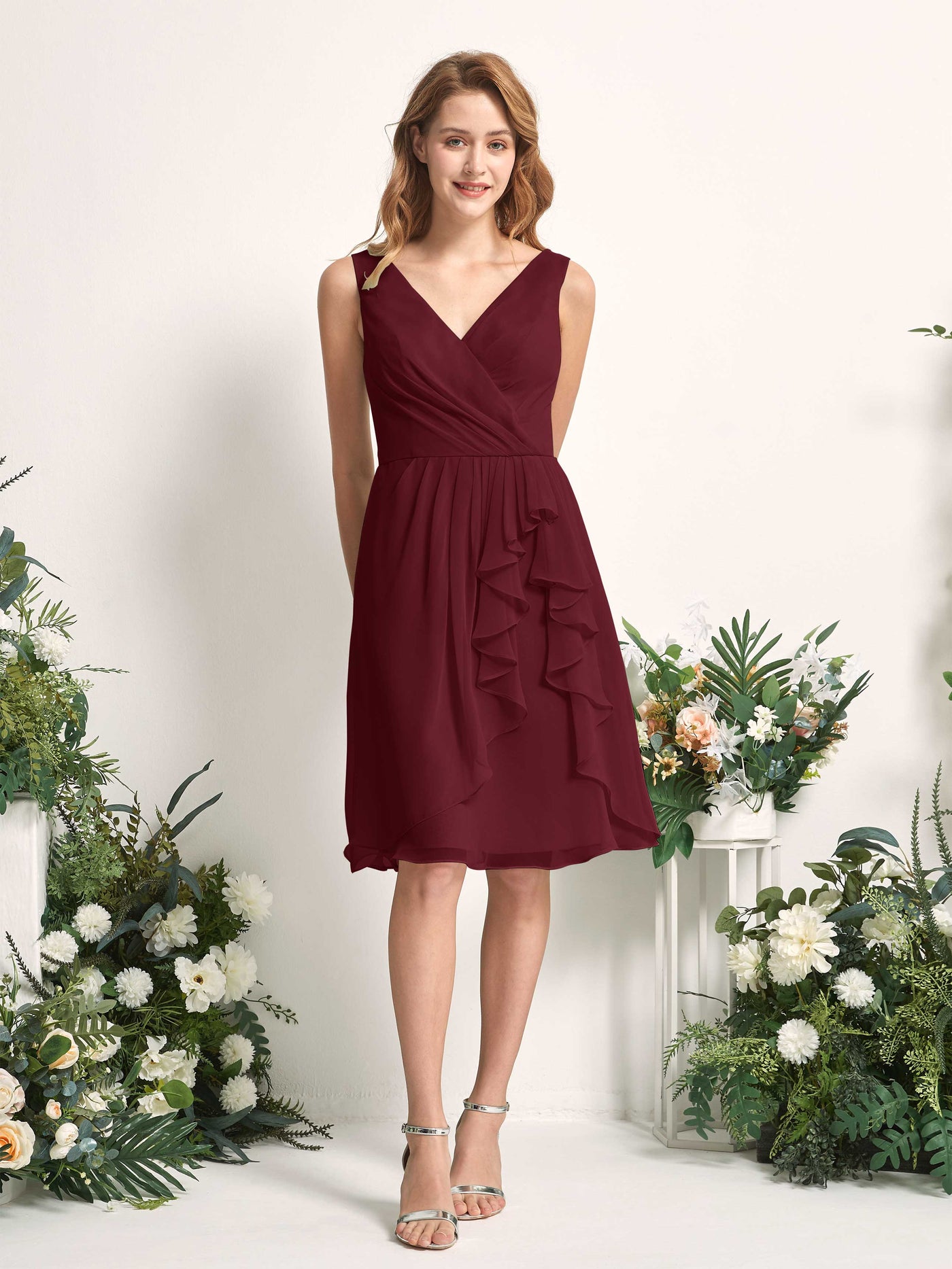 Bridesmaid Dress A-line Chiffon Straps Knee Length Sleeveless Wedding Party Dress - Burgundy (81226612)#color_burgundy