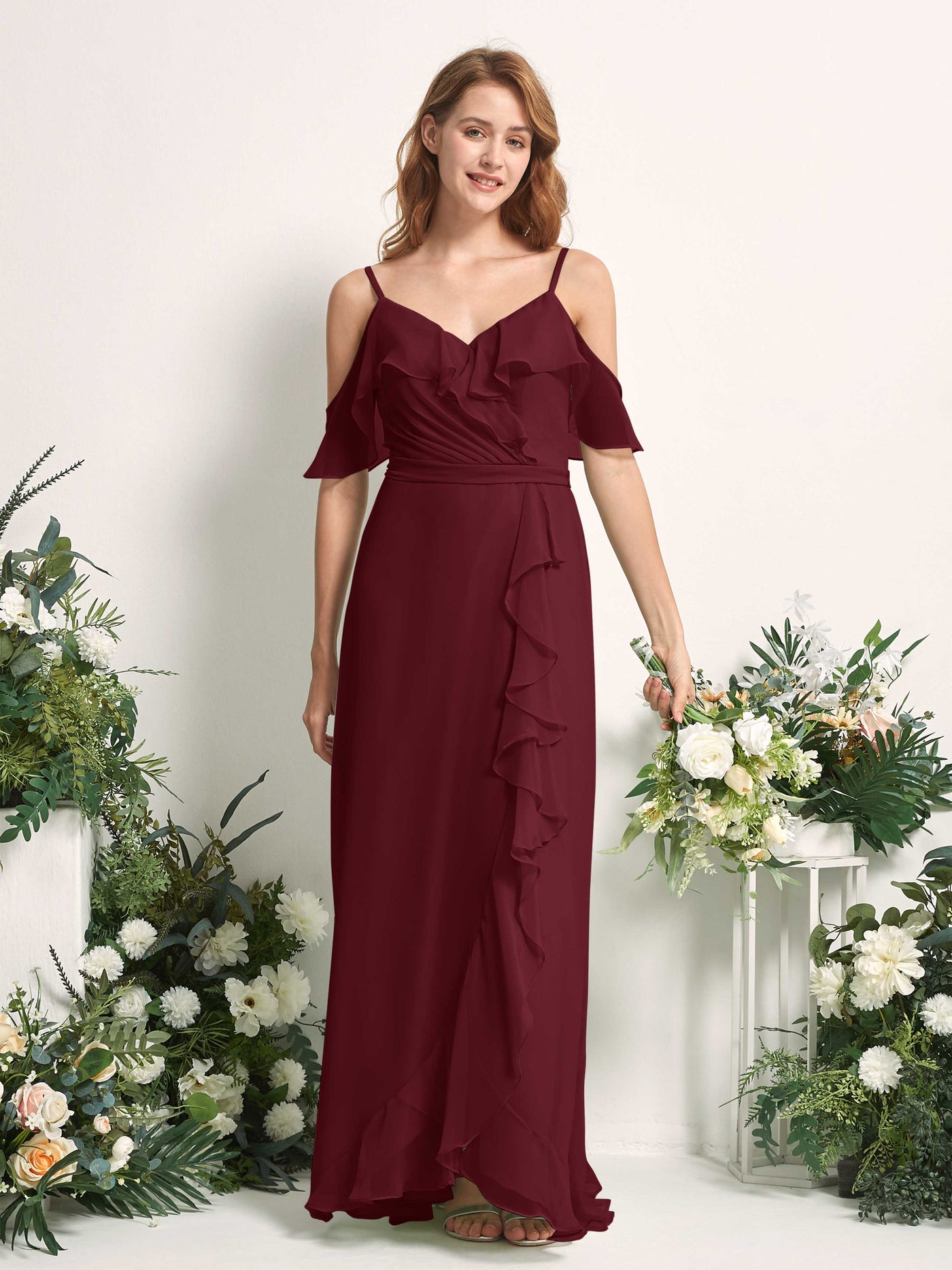 Bridesmaid Dress A-line Chiffon Spaghetti-straps Full Length Sleeveless Wedding Party Dress - Burgundy (81227412)#color_burgundy