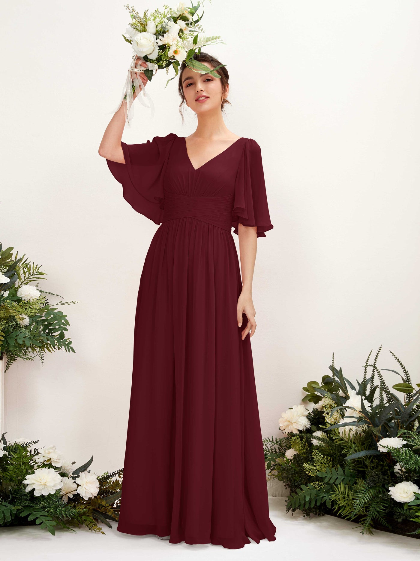 Burgundy Bridesmaid Dresses Bridesmaid Dress A-line Chiffon V-neck Full Length 1/2 Sleeves Wedding Party Dress (81221612)#color_burgundy