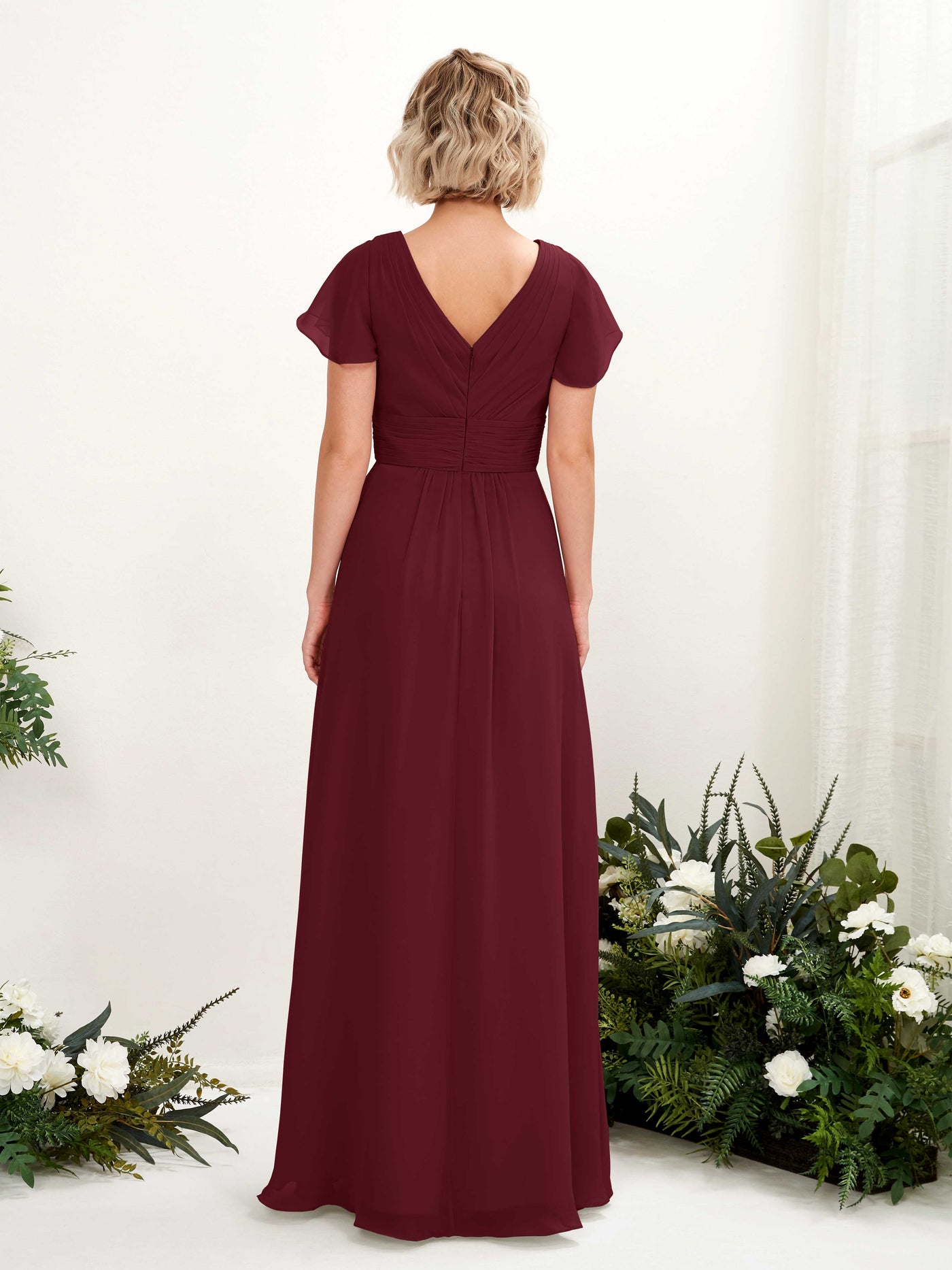 Burgundy Bridesmaid Dresses Bridesmaid Dress A-line Chiffon V-neck Full Length Short Sleeves Wedding Party Dress (81224312)#color_burgundy