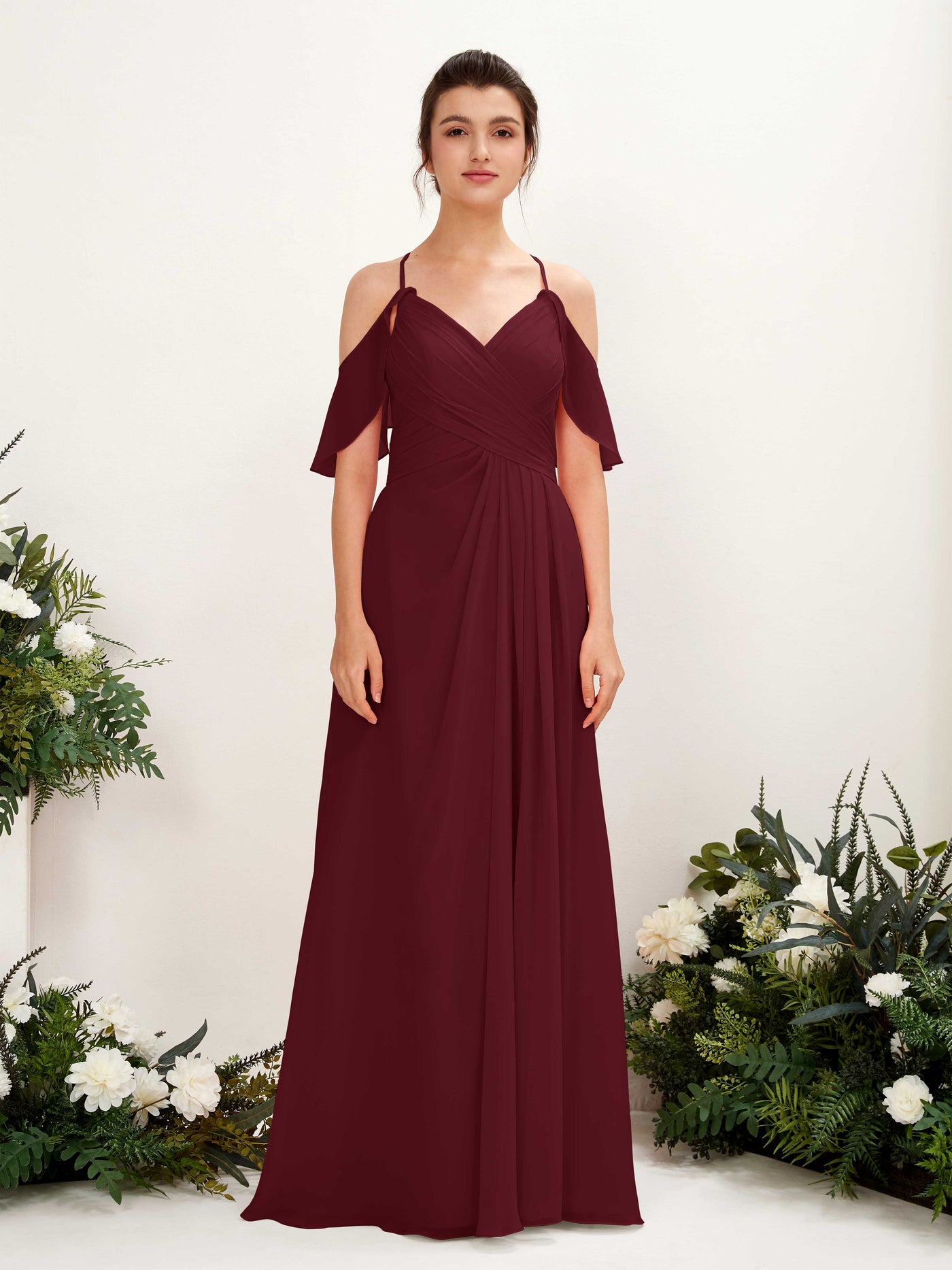 Ball Gown Off Shoulder Spaghetti-straps Chiffon Bridesmaid Dress - Burgundy (81221712)#color_burgundy