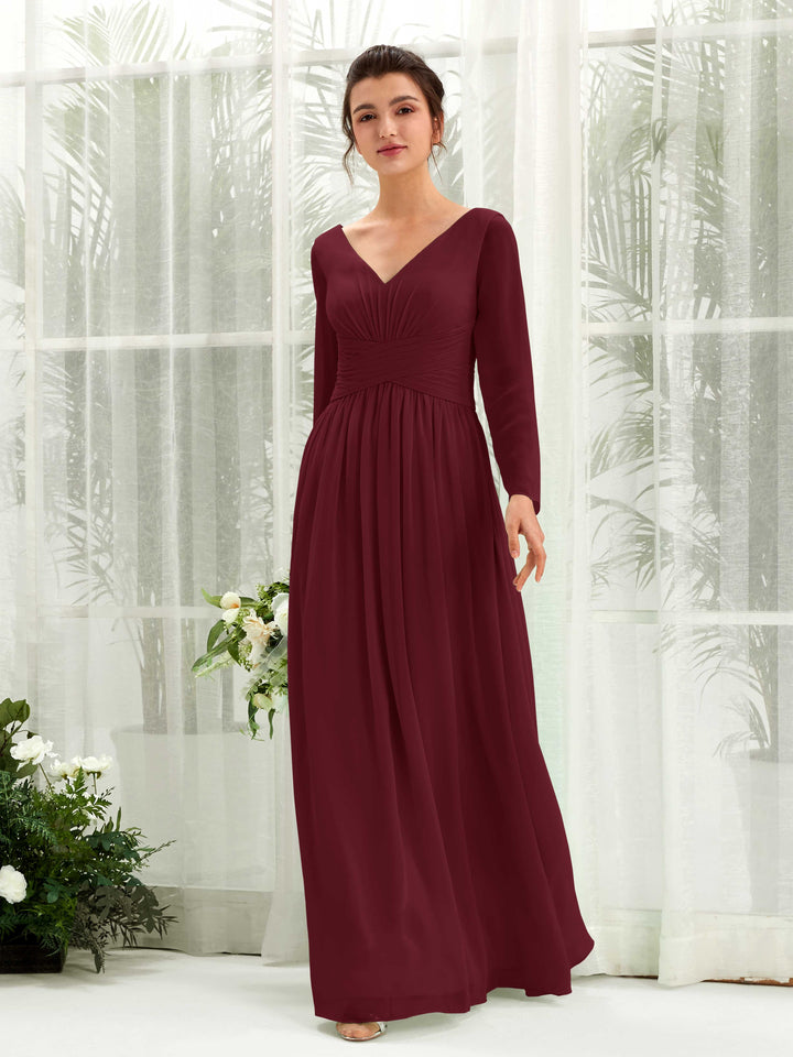 Burgundy Bridesmaid Dresses Bridesmaid Dress A-line Chiffon V-neck Full Length Long Sleeves Wedding Party Dress (81220312)