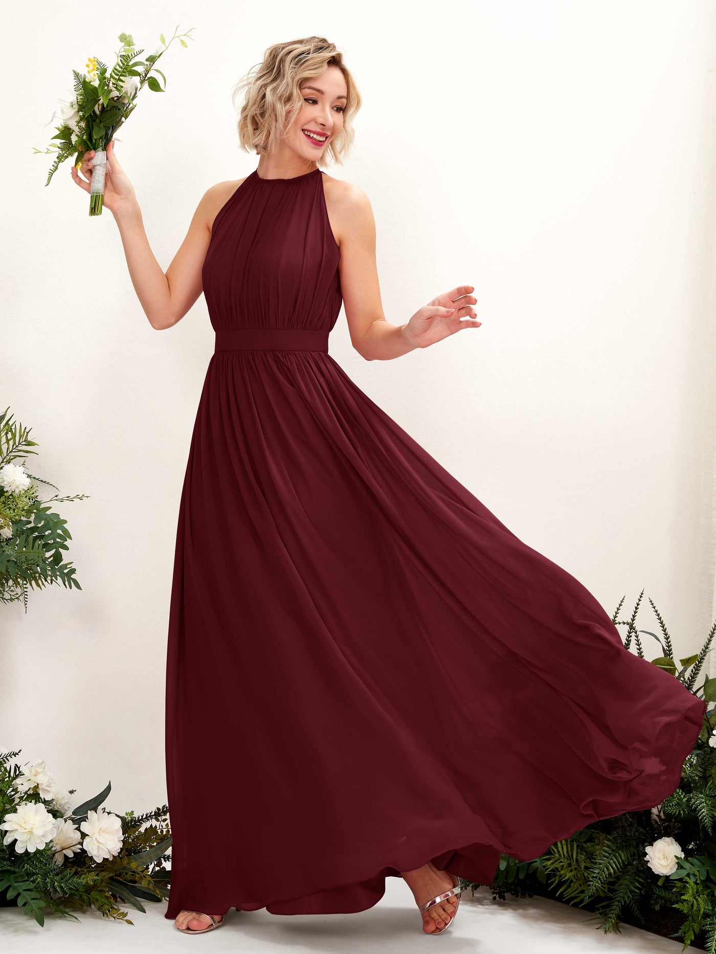 Burgundy Bridesmaid Dresses Bridesmaid Dress A-line Chiffon Halter Full Length Sleeveless Wedding Party Dress (81223112)#color_burgundy