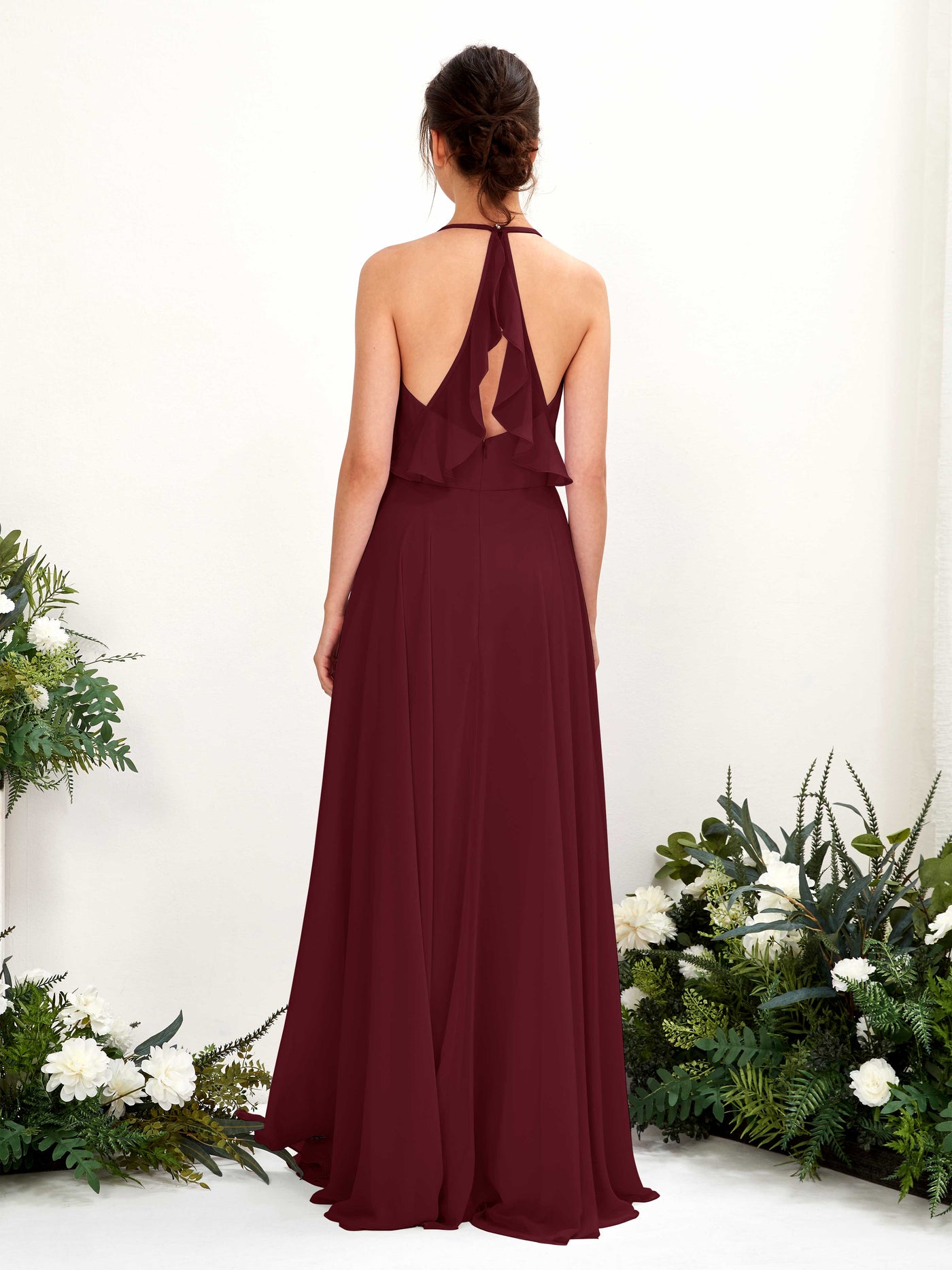 Halter V-neck Sleeveless Chiffon Bridesmaid Dress - Burgundy (81221012)#color_burgundy