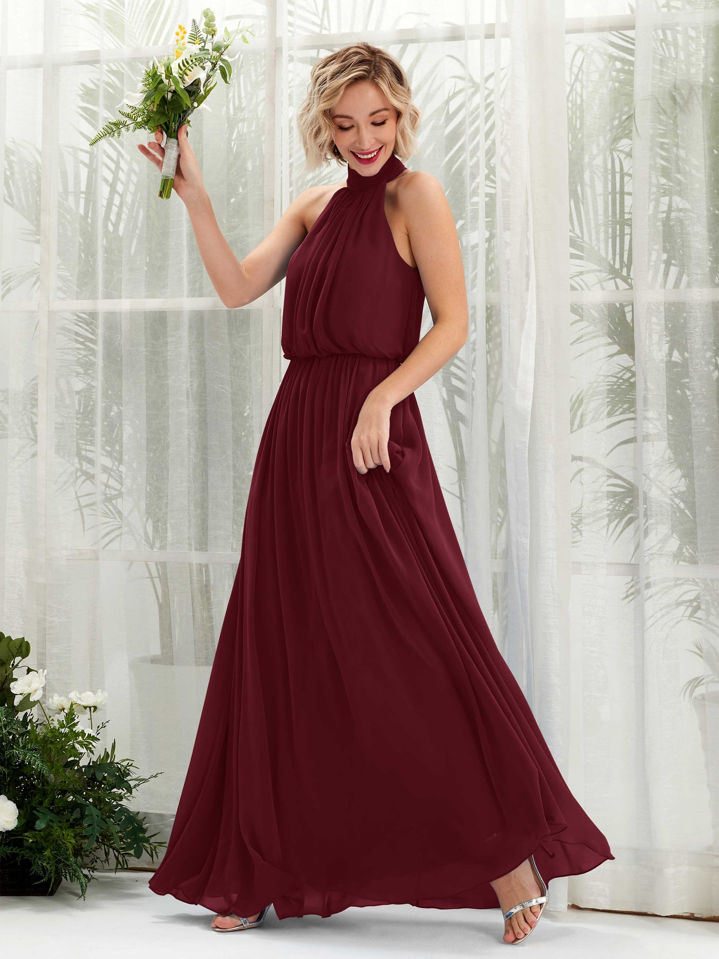 Burgundy Bridesmaid Dresses Bridesmaid Dress A-line Chiffon Halter Full Length Sleeveless Wedding Party Dress (81222912)#color_burgundy