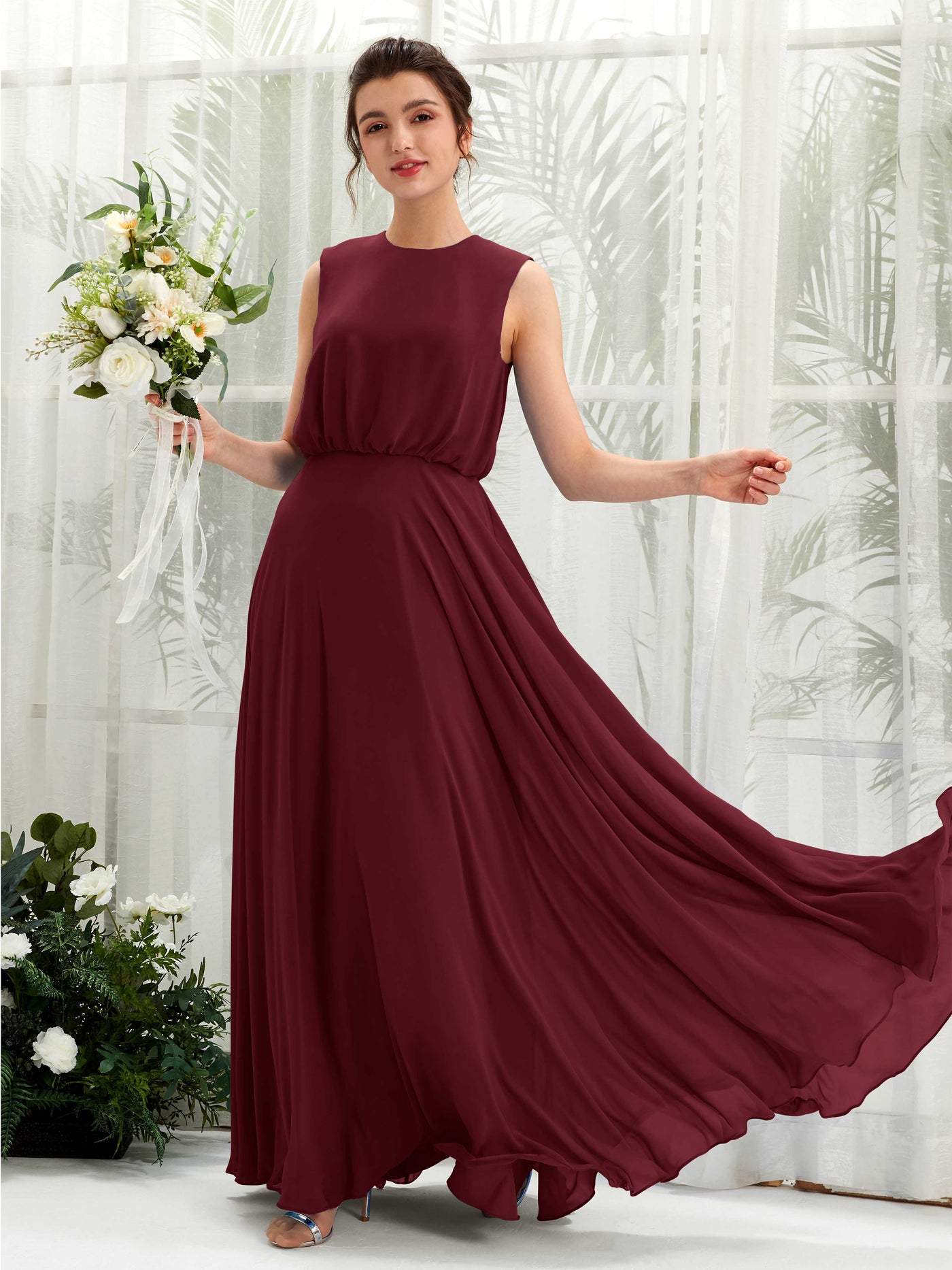 Burgundy Bridesmaid Dresses Bridesmaid Dress A-line Chiffon Round Full Length Sleeveless Wedding Party Dress (81222812)#color_burgundy