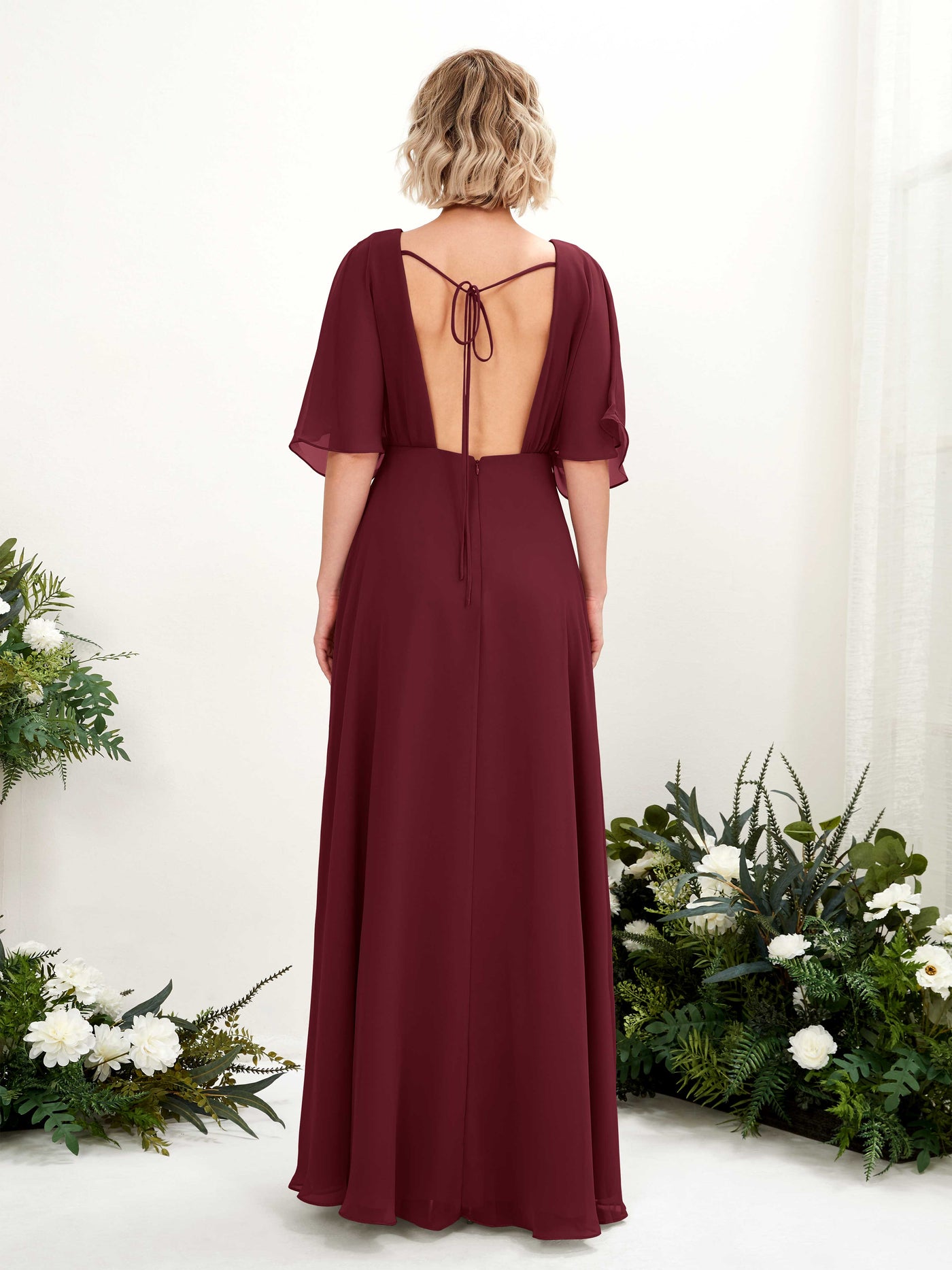 Burgundy Bridesmaid Dresses Bridesmaid Dress A-line Chiffon V-neck Full Length Short Sleeves Wedding Party Dress (81225112)#color_burgundy