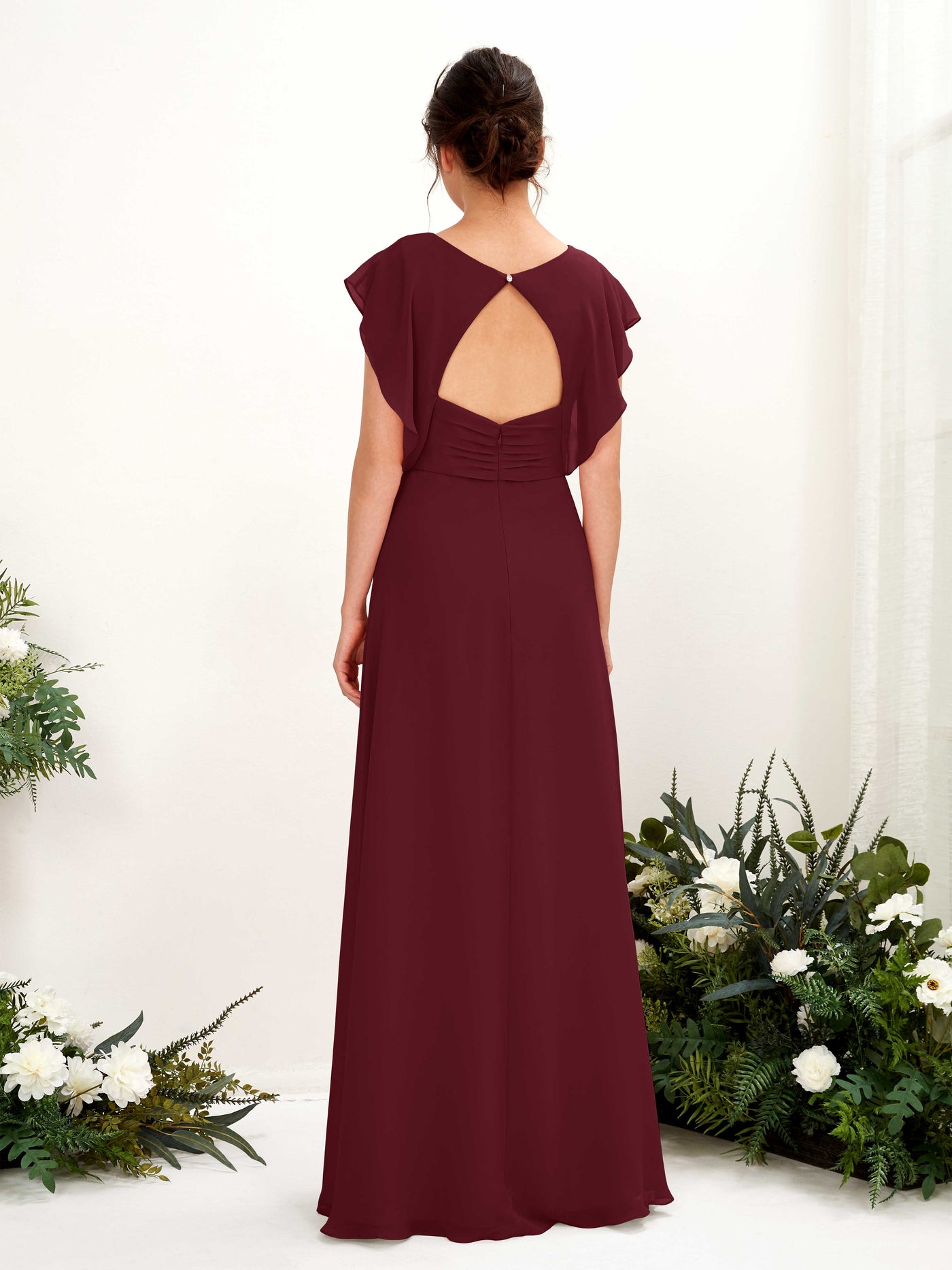 Burgundy Bridesmaid Dresses Bridesmaid Dress A-line Chiffon V-neck Full Length Short Sleeves Wedding Party Dress (81225612)#color_burgundy