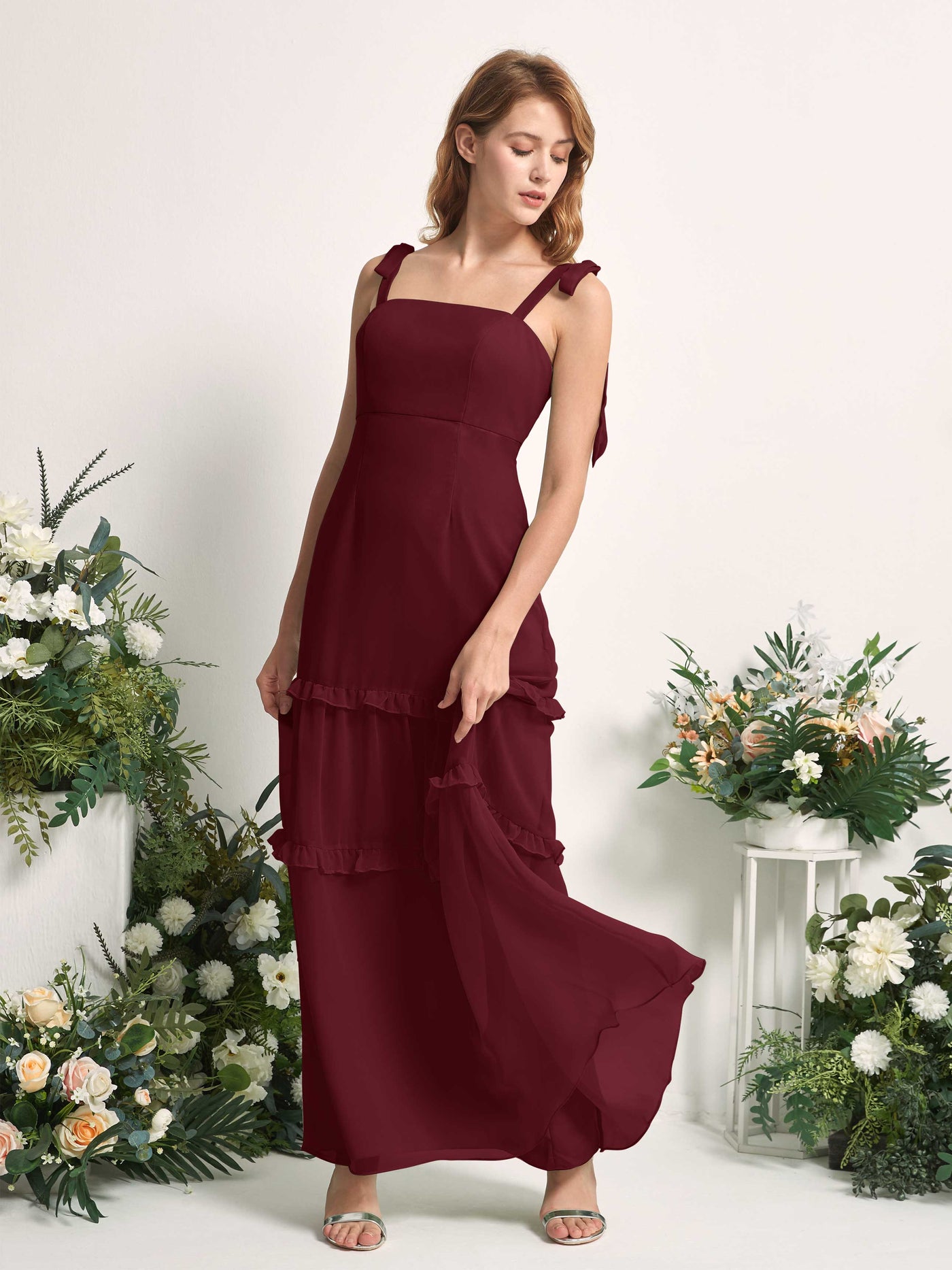 Bridesmaid Dress Chiffon Straps Full Length Sleeveless Wedding Party Dress - Burgundy (81227512)#color_burgundy