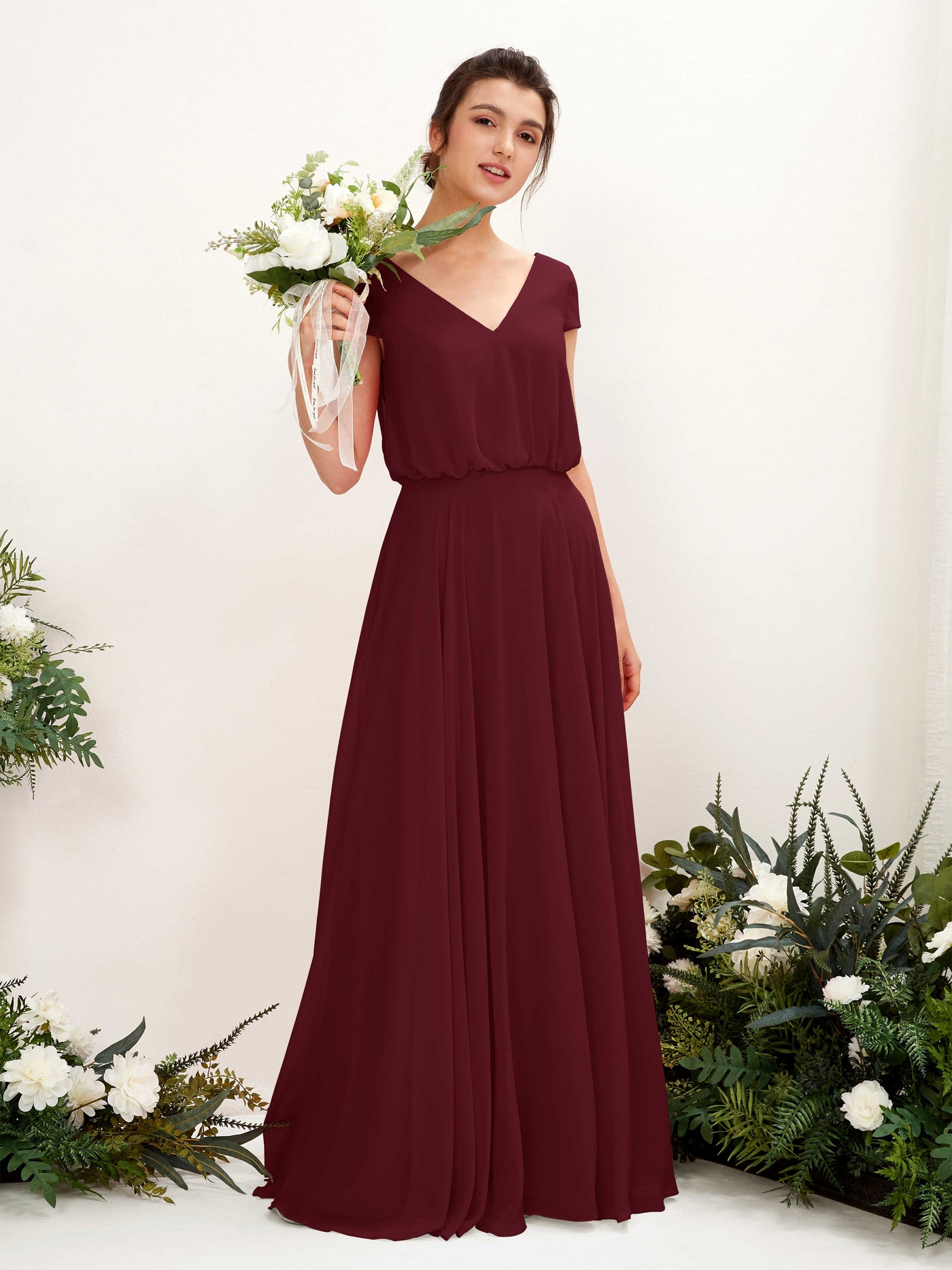 Burgundy Bridesmaid Dresses Bridesmaid Dress A-line Chiffon V-neck Full Length Short Sleeves Wedding Party Dress (81221812)#color_burgundy