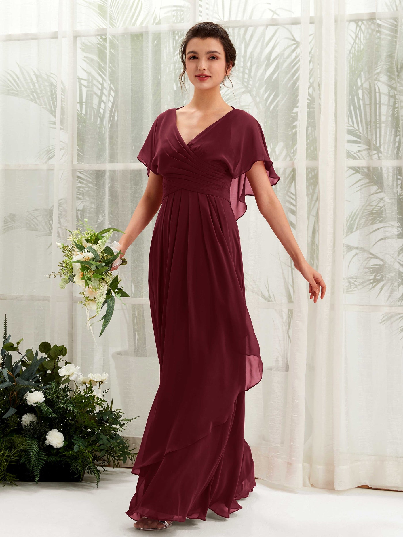 Open back V-neck Short Sleeves Chiffon Bridesmaid Dress - Burgundy (81226112)#color_burgundy